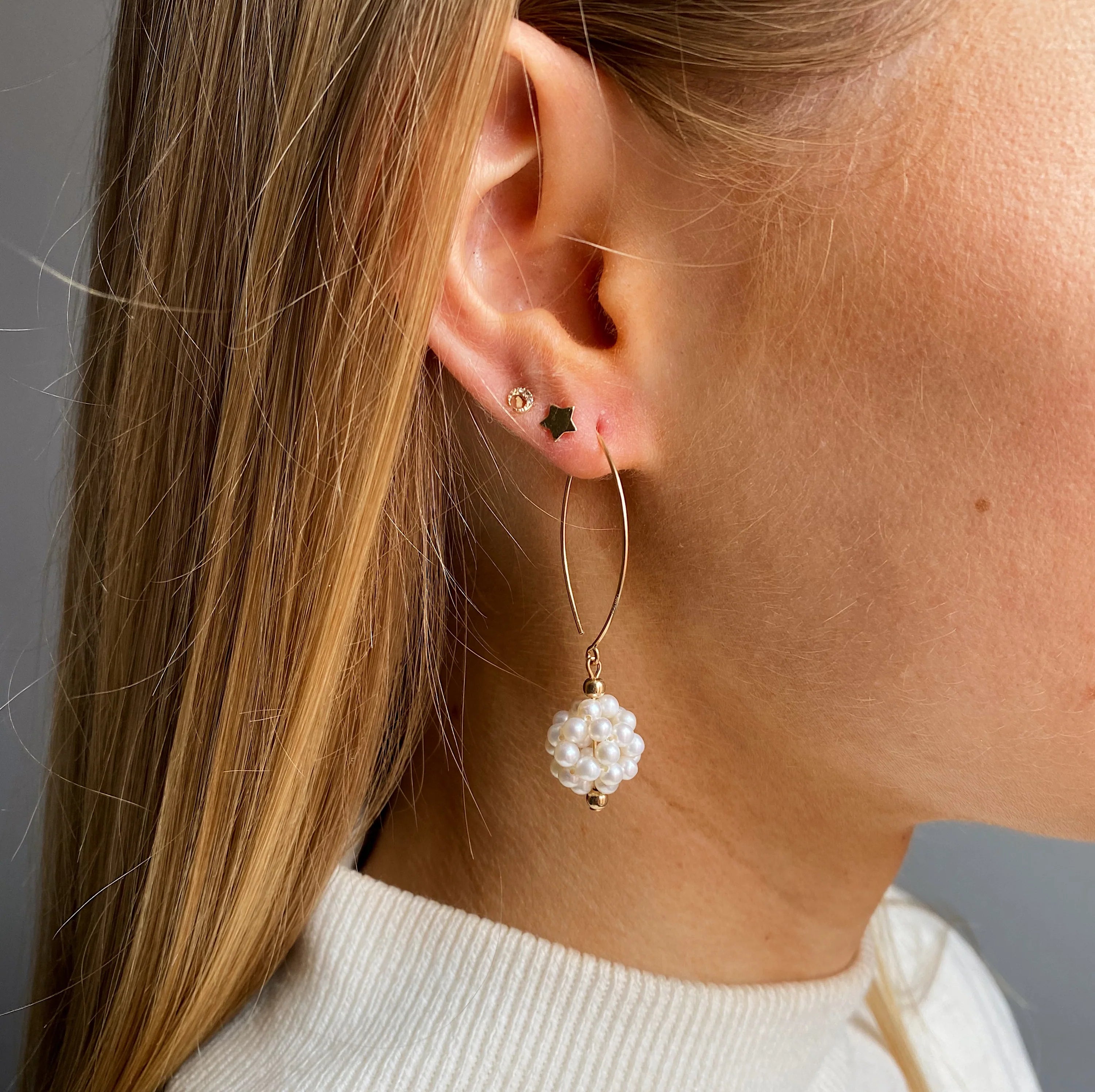 MoMuse Gold Filled Pearl Cluster Open Oval Earrings