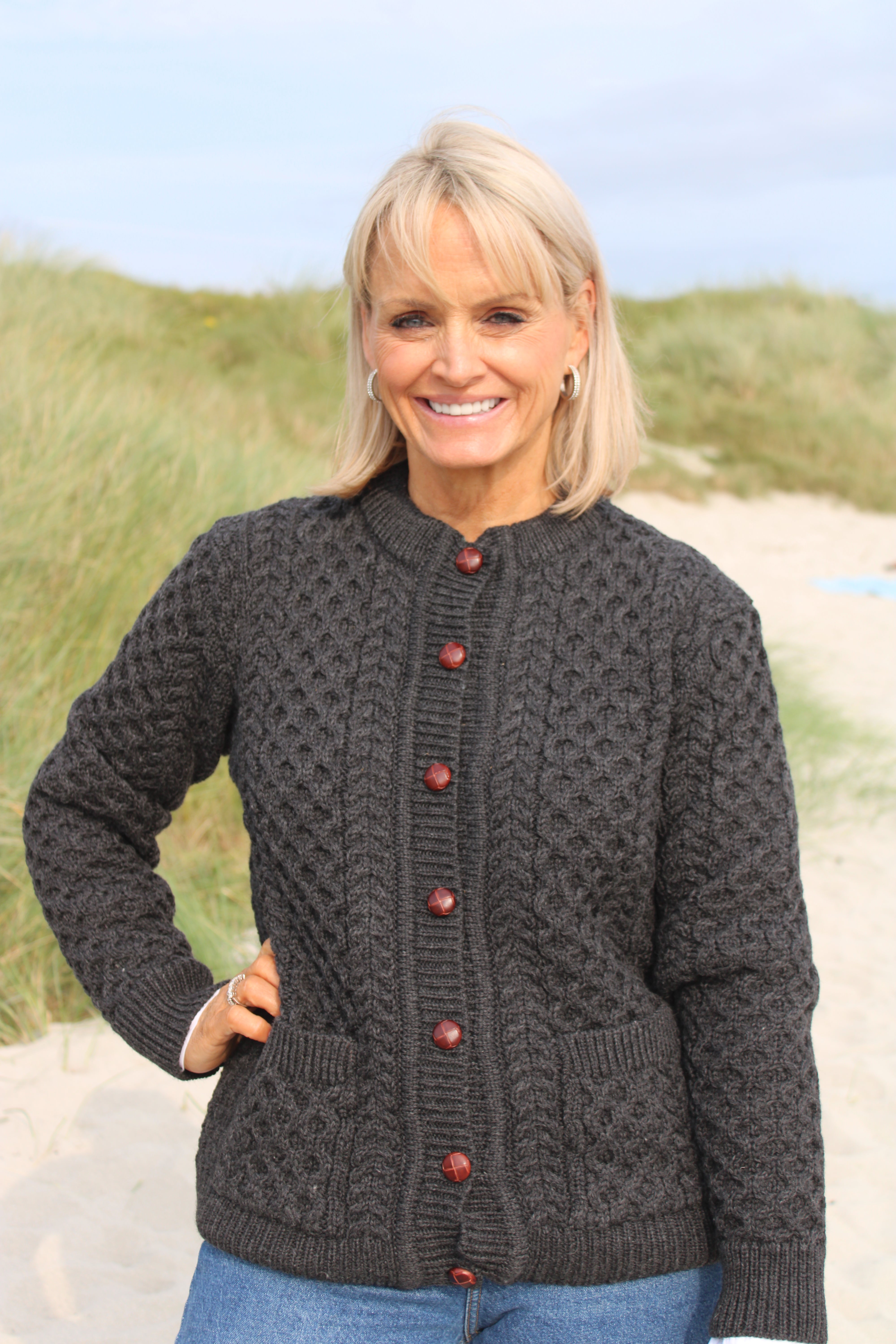 Aran Cable Knit Lumber Cardigan - Charcoal