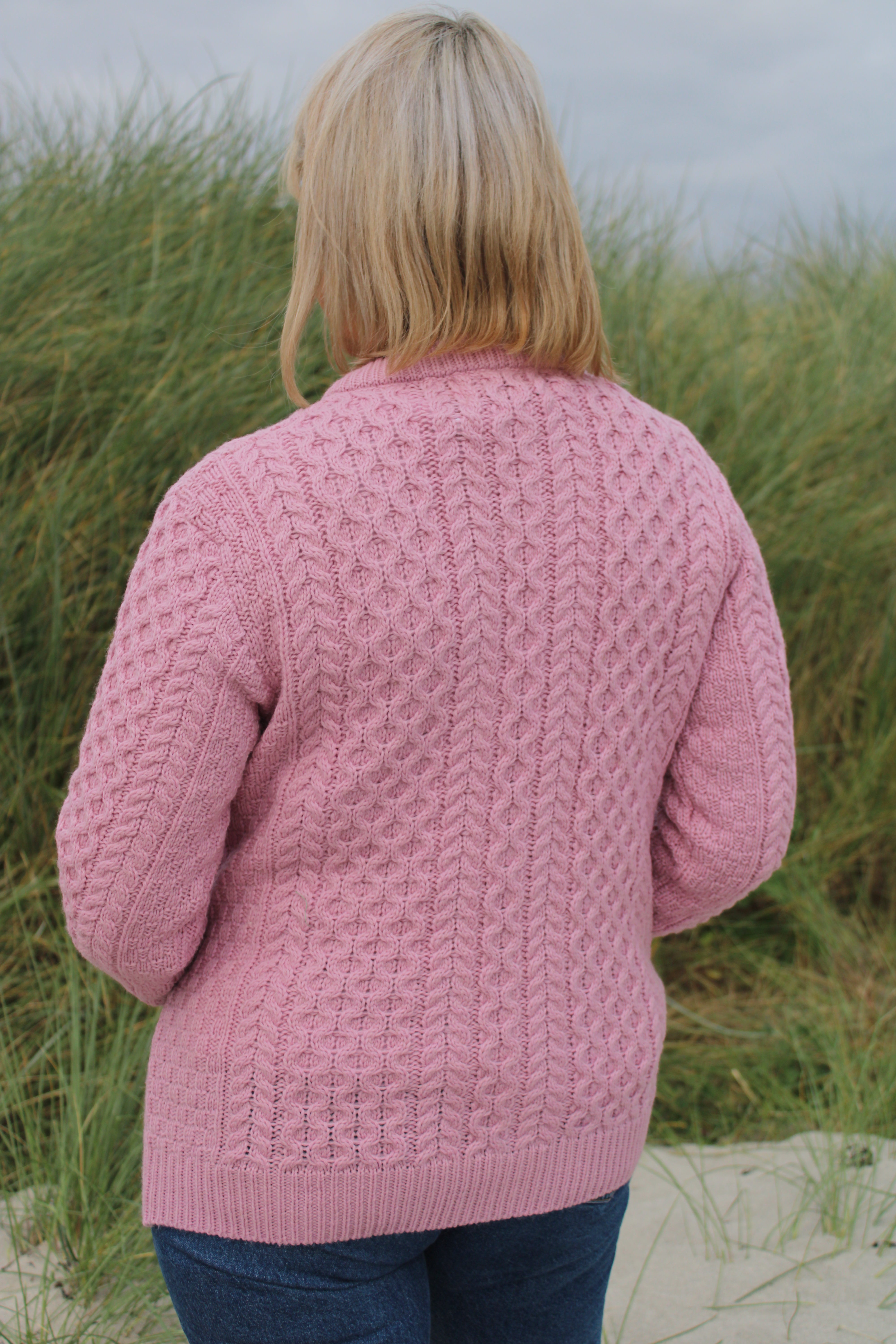 Aran Cable Knit Lumber Cardigan - Rose Pink