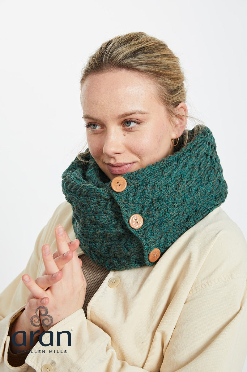 Aran Snood Scarf with Buttons , Connemara Green