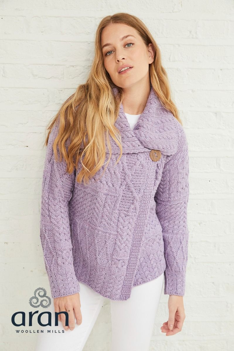 One-Button Sweater with Draped Collar , Lavender