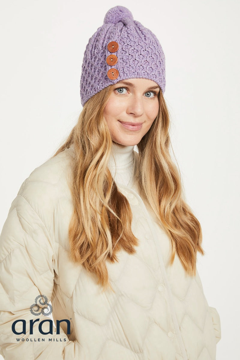 Aran Merino Wool Hat with 3 Buttons , Lavender