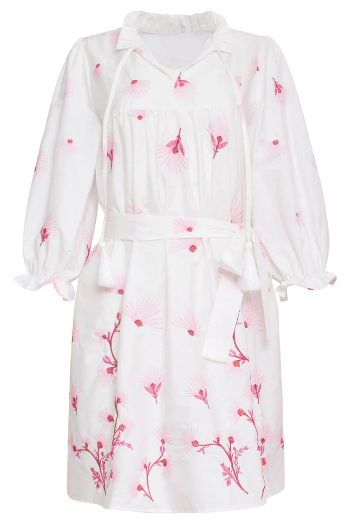 Smashed Lemon Embroidered White Dress With Pink Floral Pattern