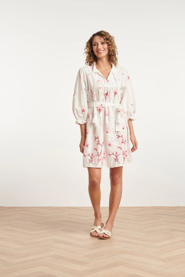 Smashed Lemon Embroidered White Dress With Pink Floral Pattern