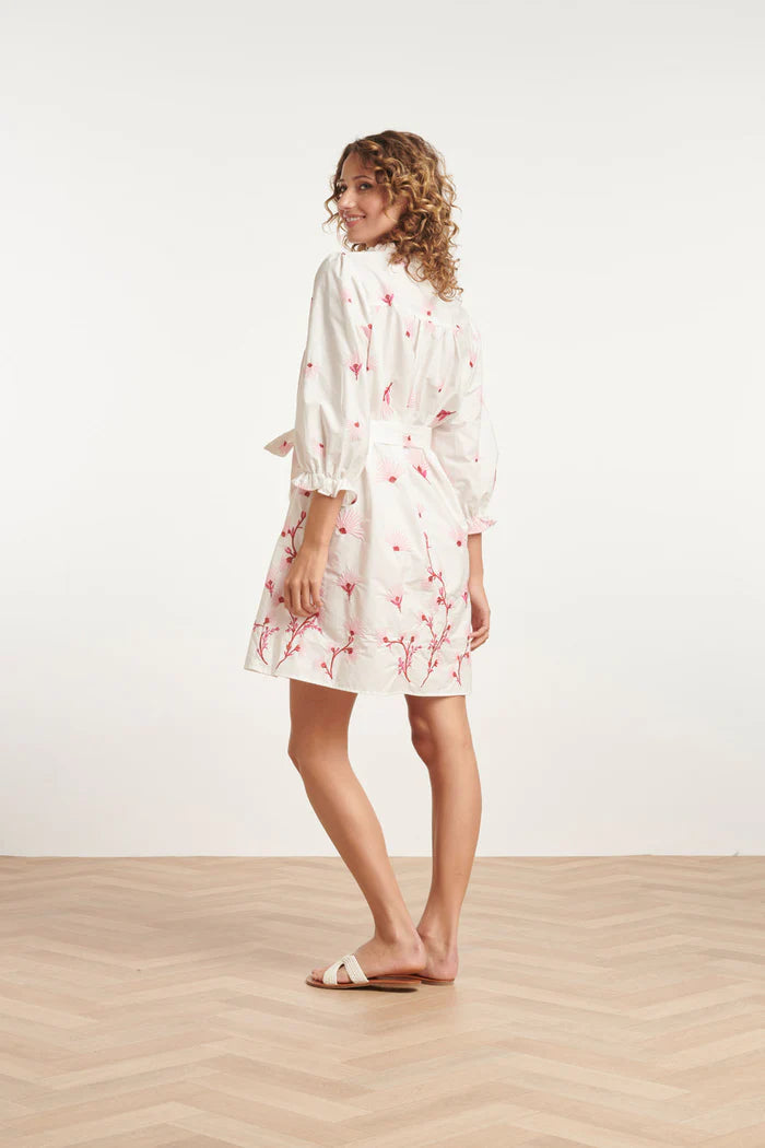 Smashed Lemon Embroidered White Dress With Pink Floral Pattern