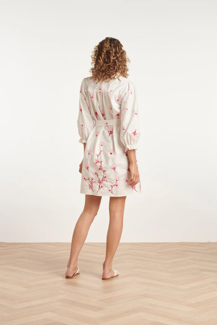 Smashed Lemon Embroidered White Dress With Pink Floral Pattern