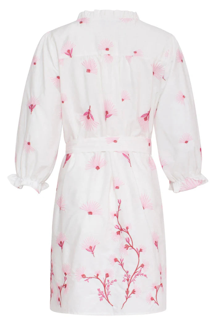 Smashed Lemon Embroidered White Dress With Pink Floral Pattern