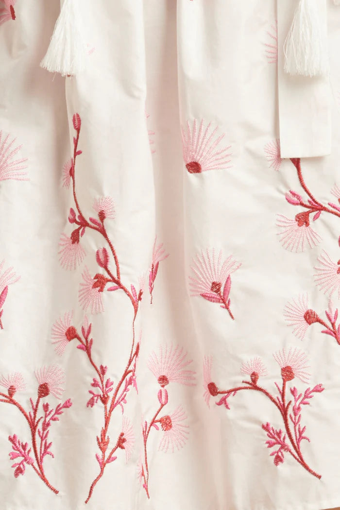 Smashed Lemon Embroidered White Dress With Pink Floral Pattern
