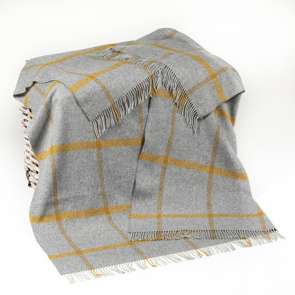 John Hanly | Merino Lambswool Check Throw - Grey And Mustard