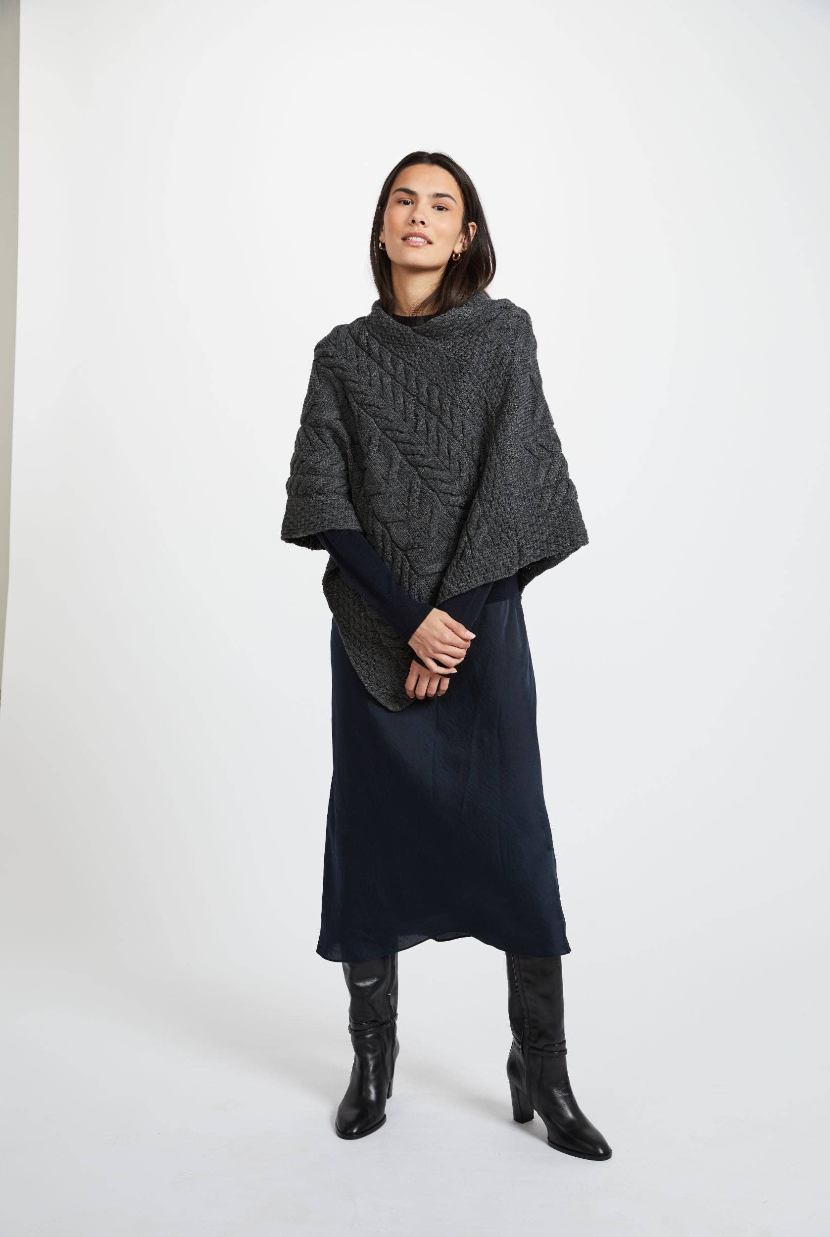 Aasleagh Falls Ladies Aran Poncho - Slate Grey
