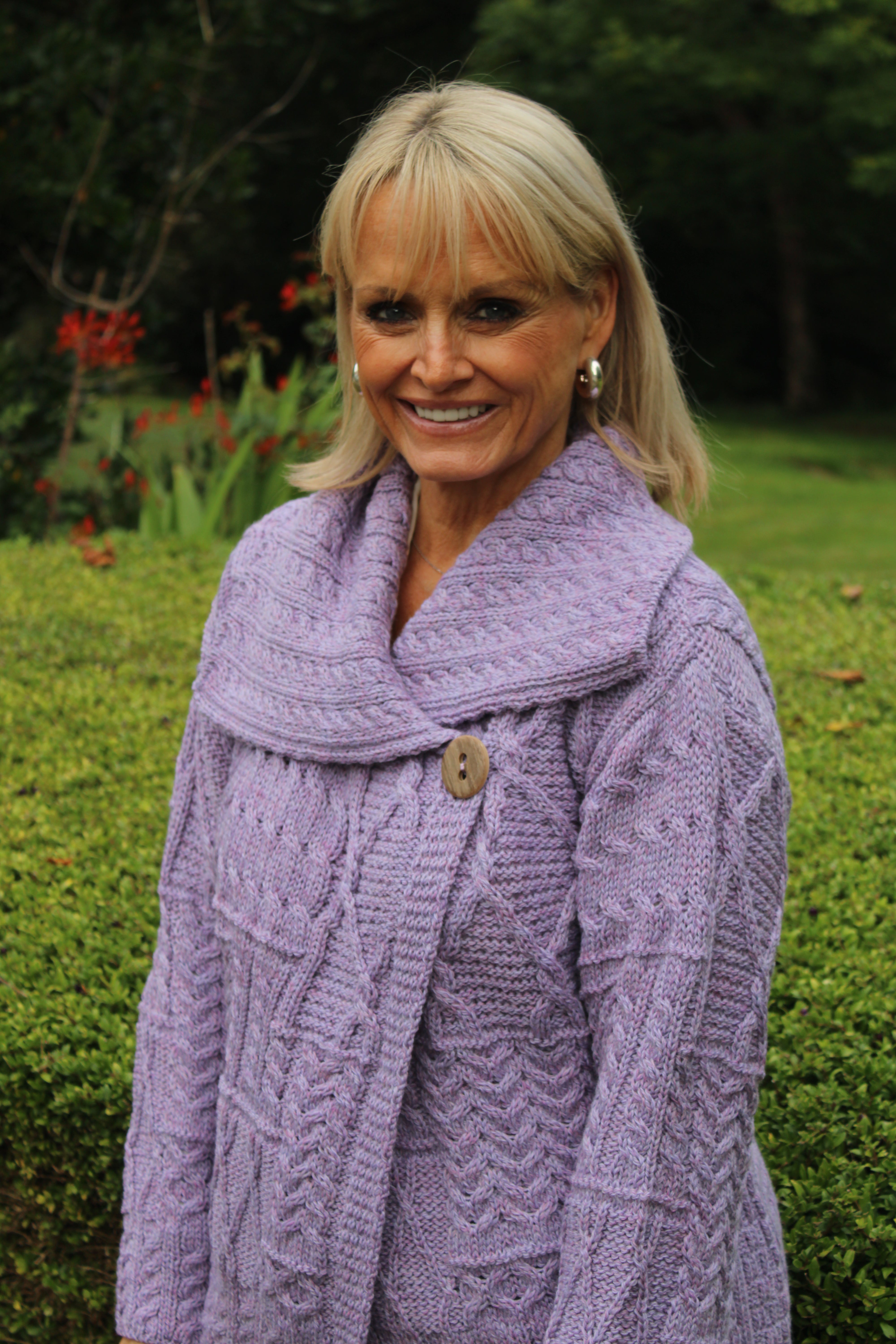 One-Button Sweater with Draped Collar , Lavender