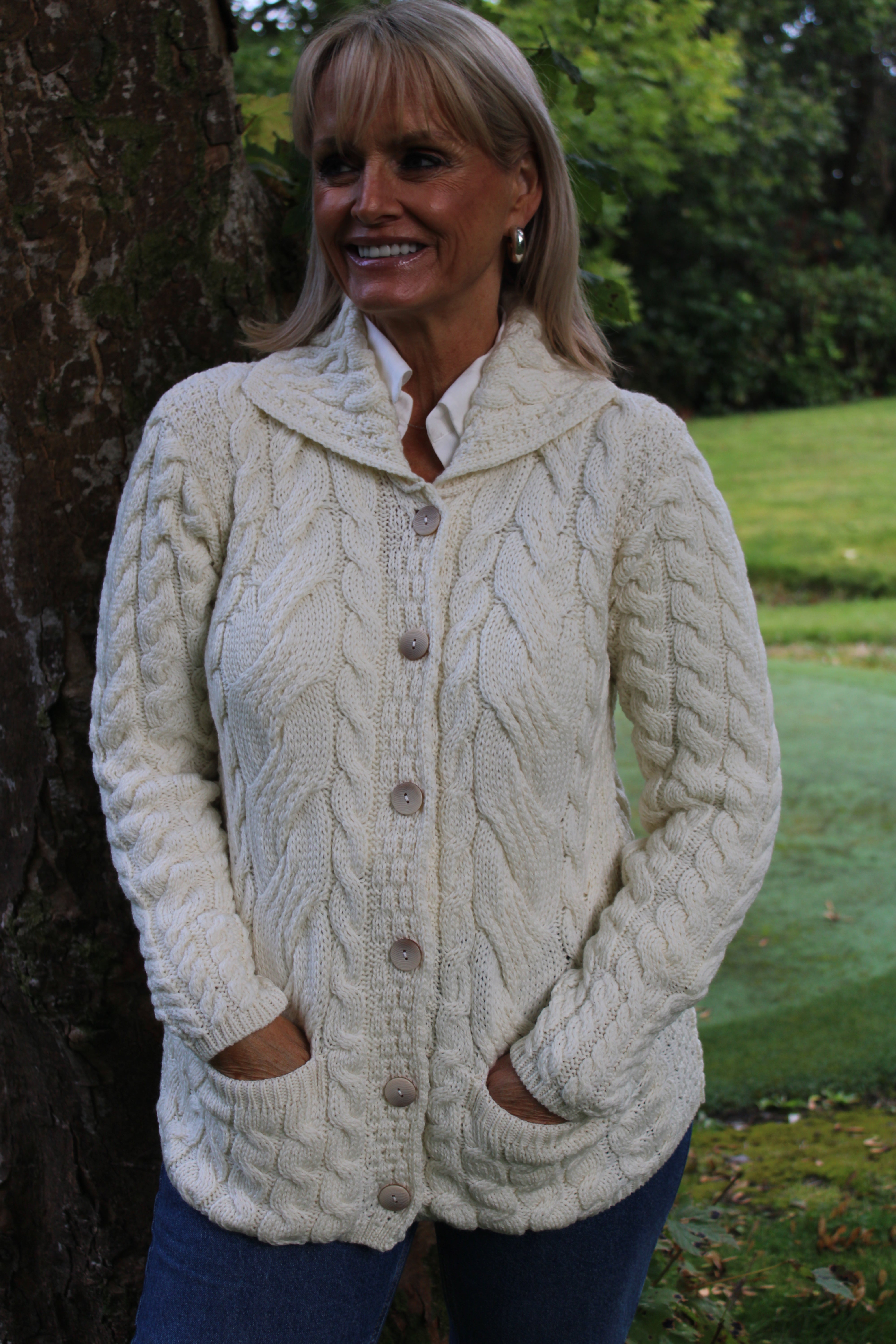 Cardigan with Collar and Pockets , Natural
