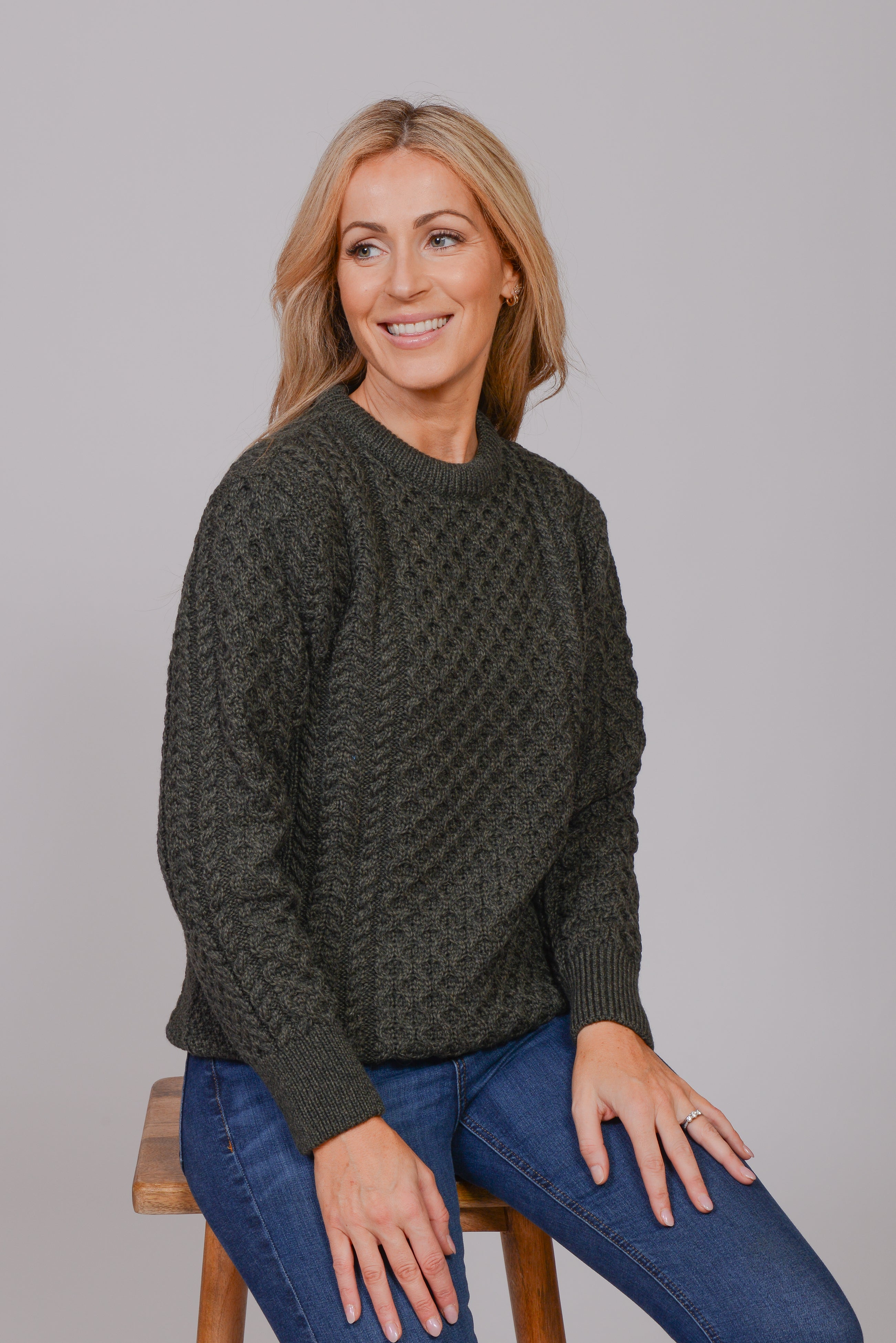 Traditional Aran Crew Neck Sweater - Army Green