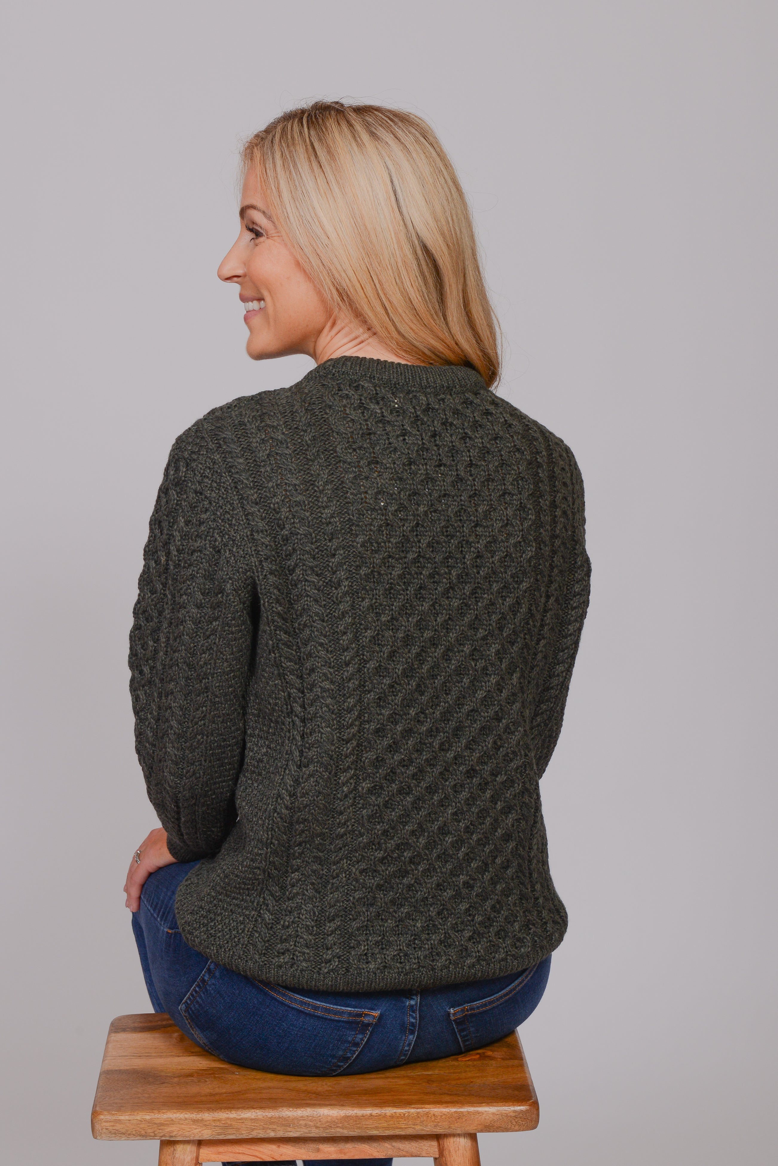 Traditional Aran Crew Neck Sweater - Army Green