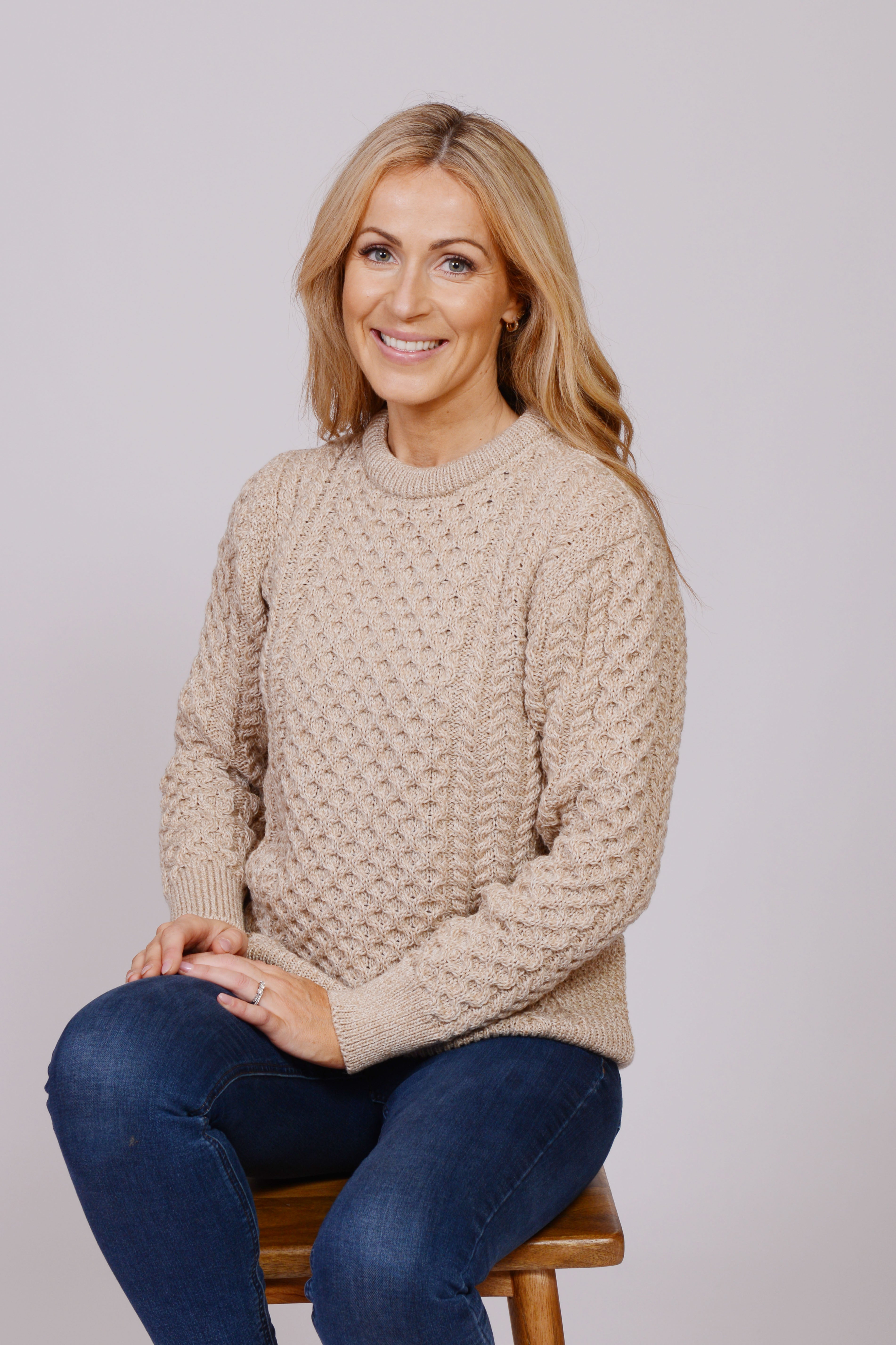 Traditional Aran Crew Neck Sweater - Camel