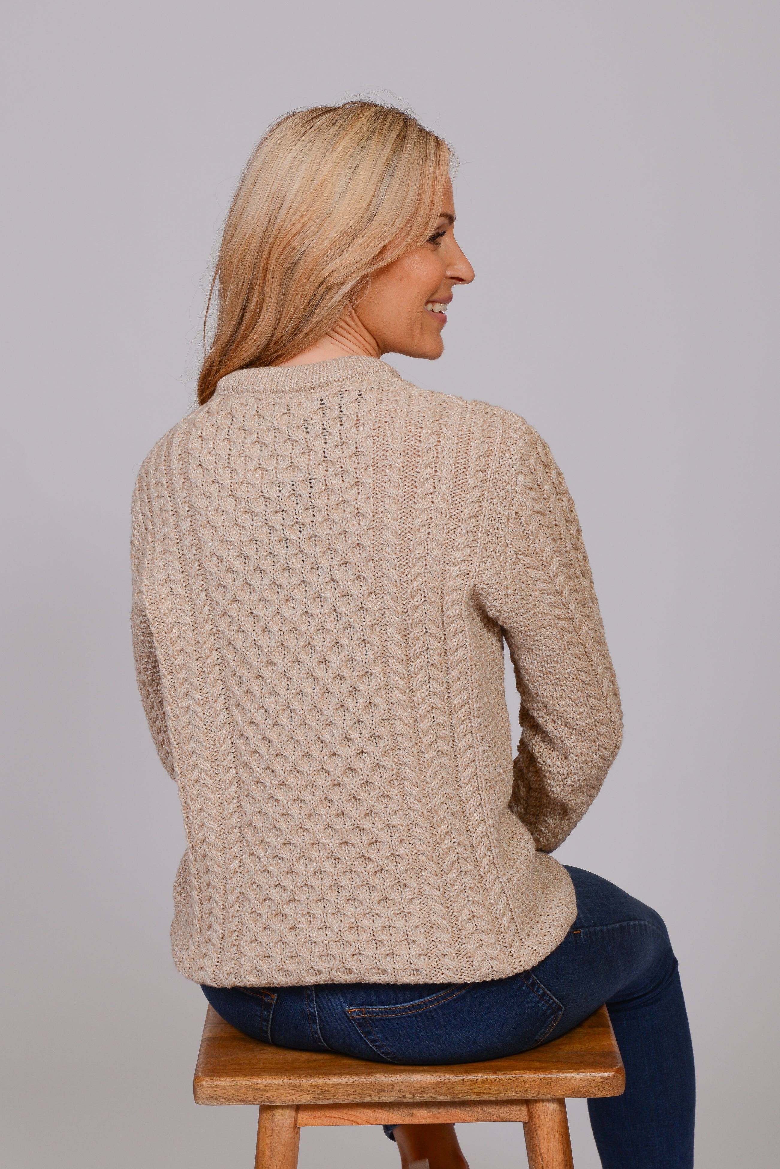 Traditional Aran Crew Neck Sweater - Camel
