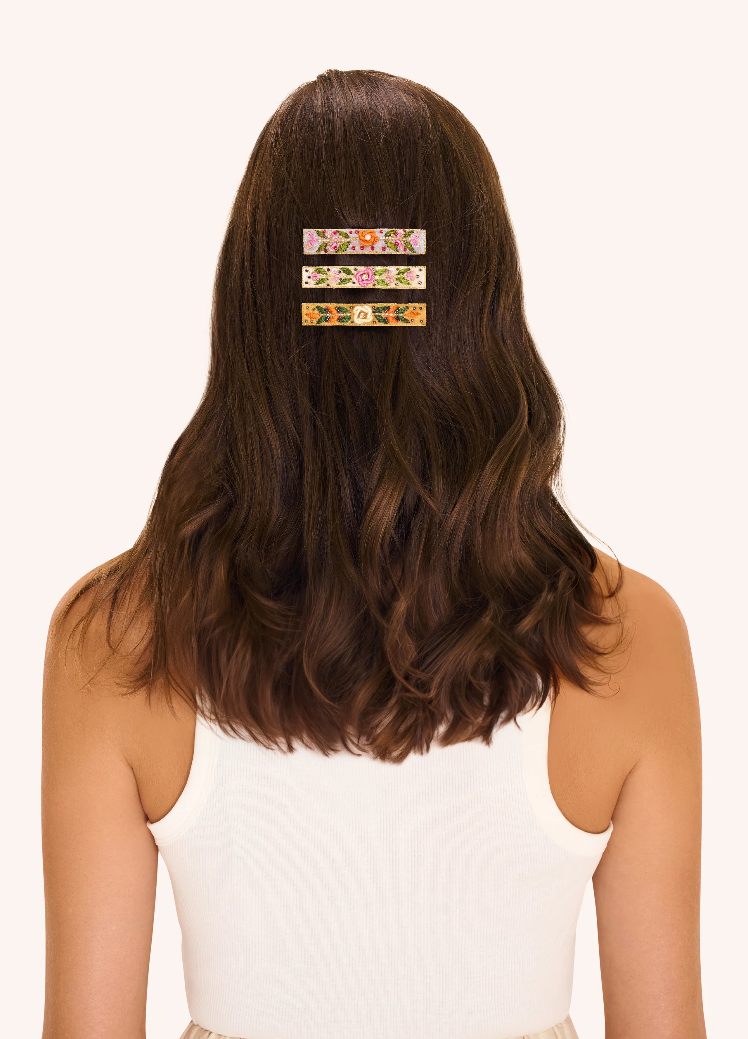 Powder Embroidered Barette , Denim Floral