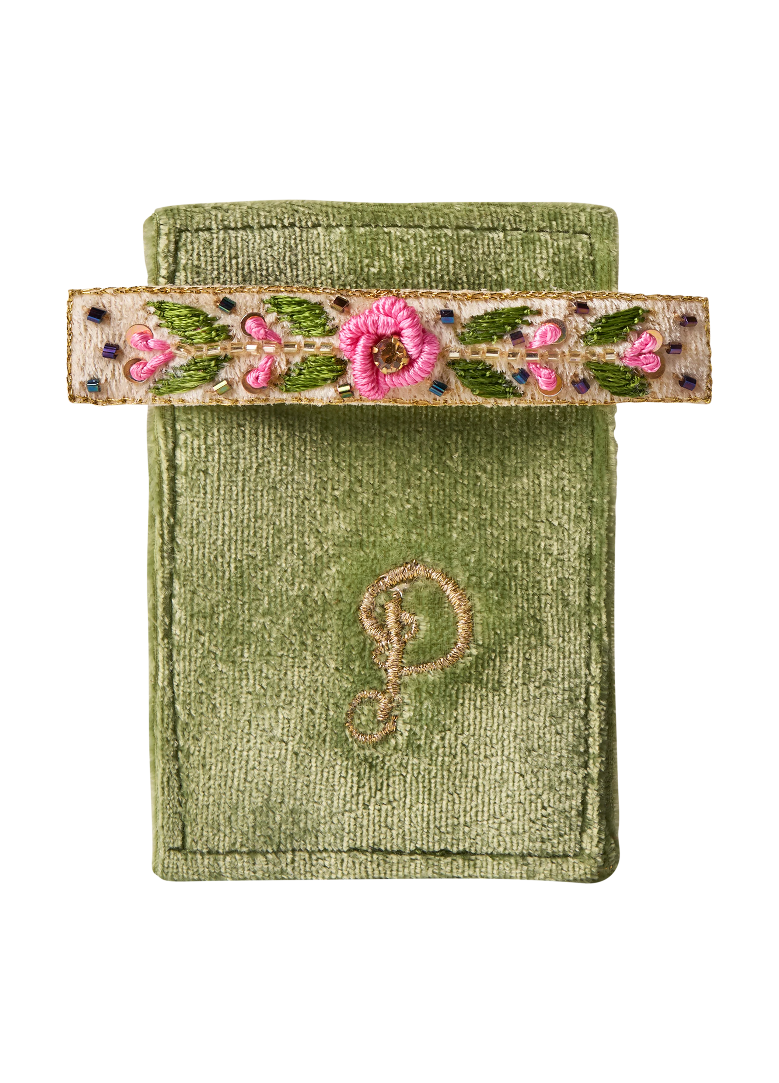Powder Embroidered Barette , Mint Floral