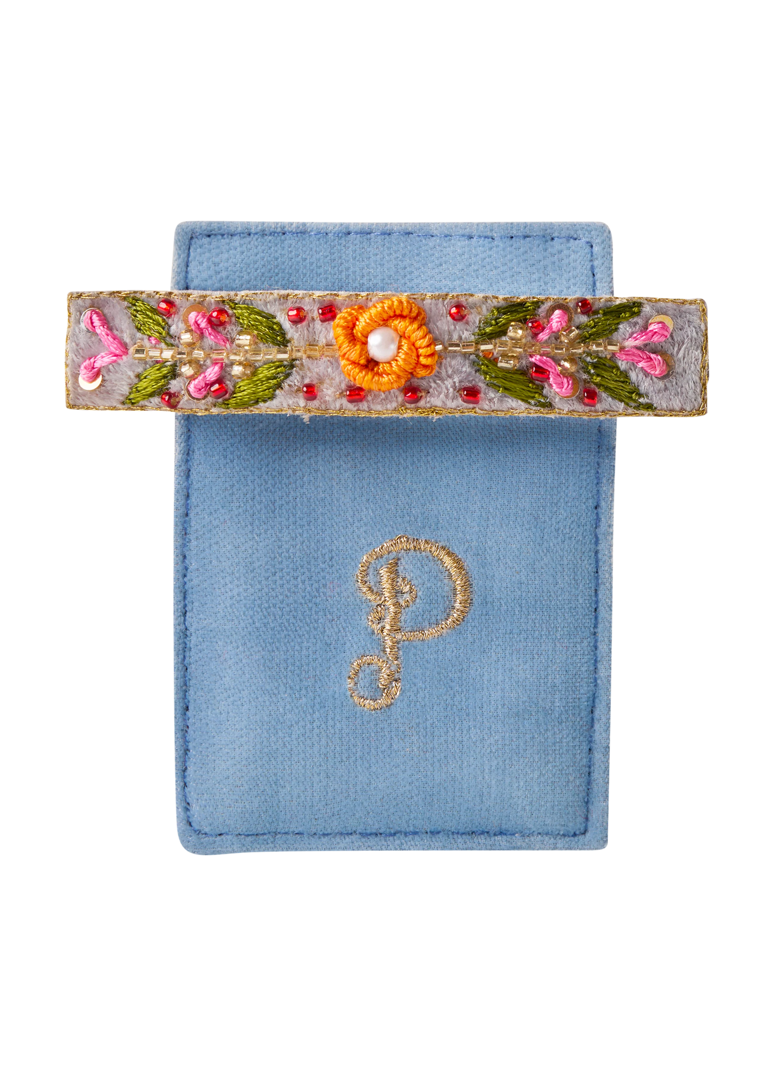 Powder Embroidered Barette , Denim Floral