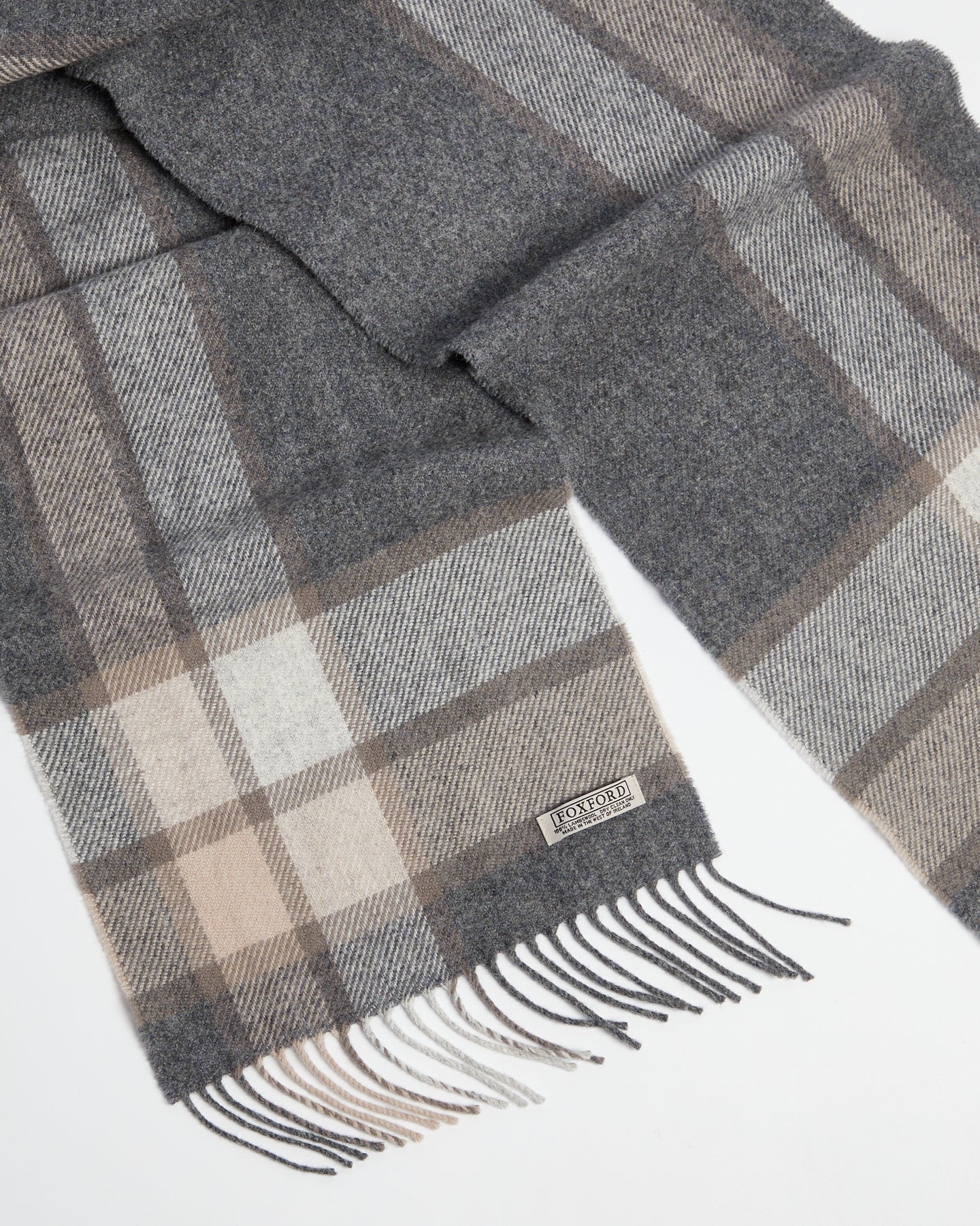 Foxford Woollen Mills Grey Check Herringbone Lambswool Scarf