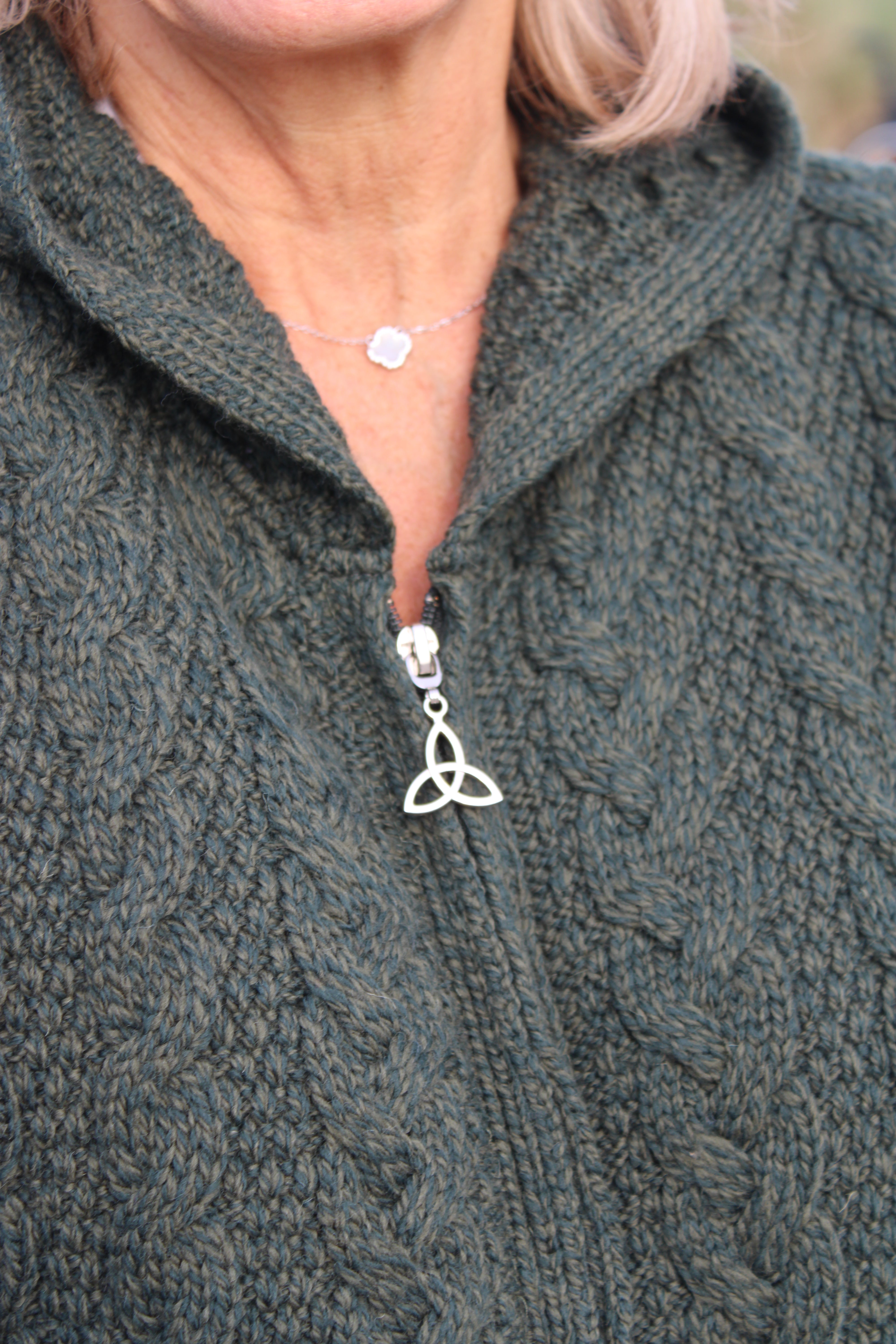 Long Zip Aran Cardigan With Hood , Army Green