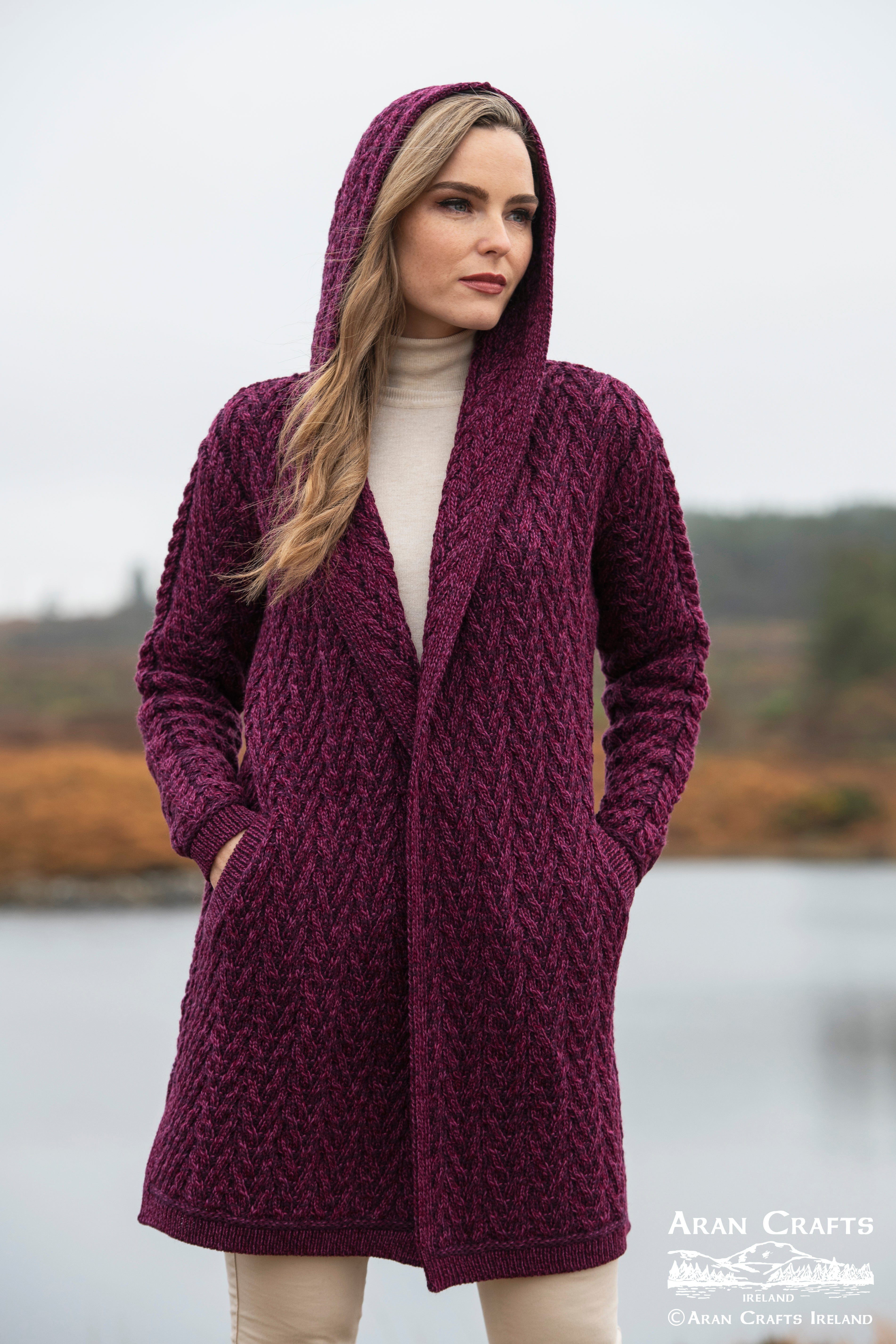 Herringbone Shawl Cardigan with Hood , Purple Marl