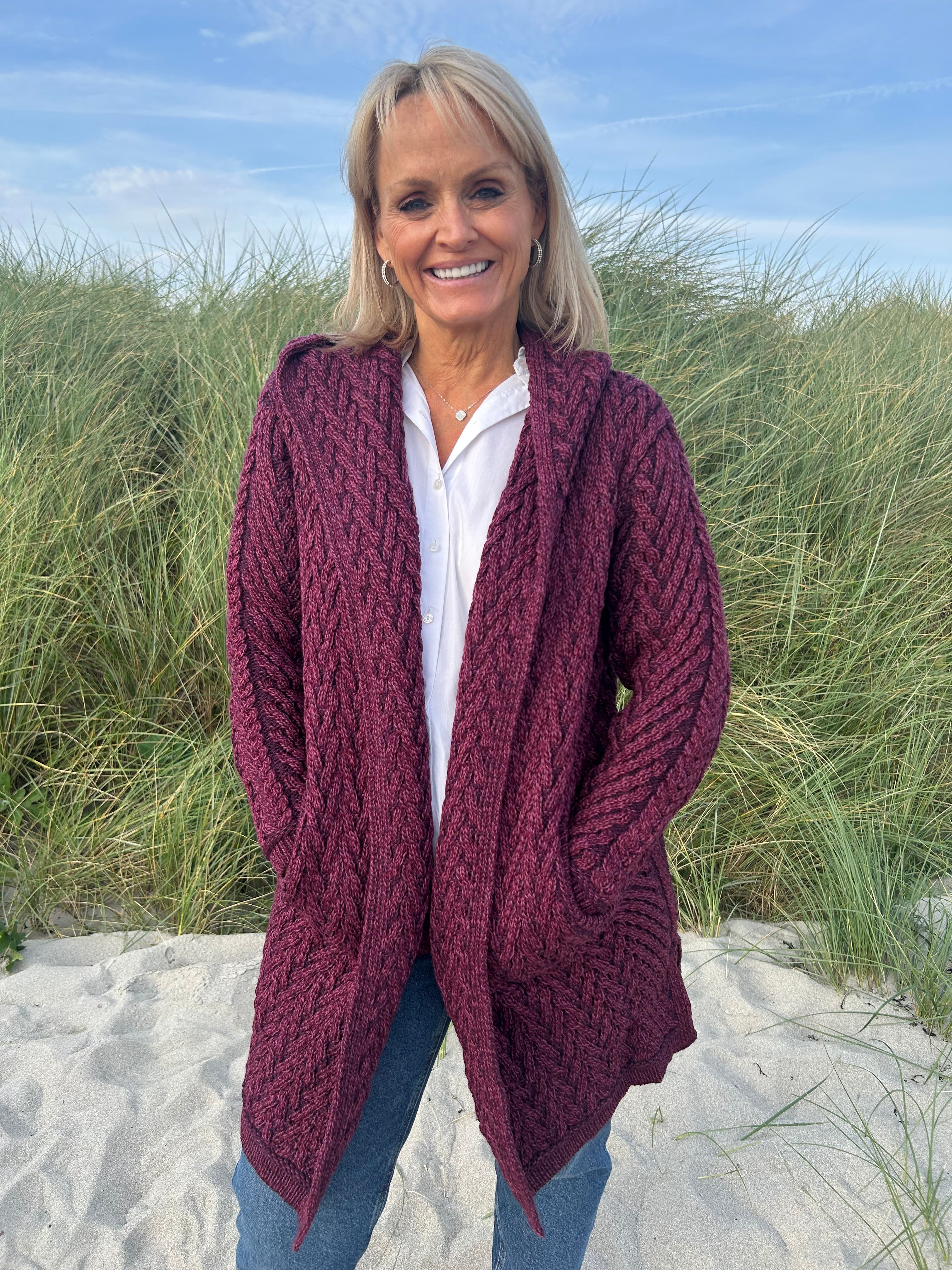 Herringbone Shawl Cardigan with Hood , Purple Marl