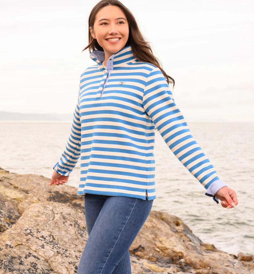 Lighthouse Haven Button Top , Blue Stripe
