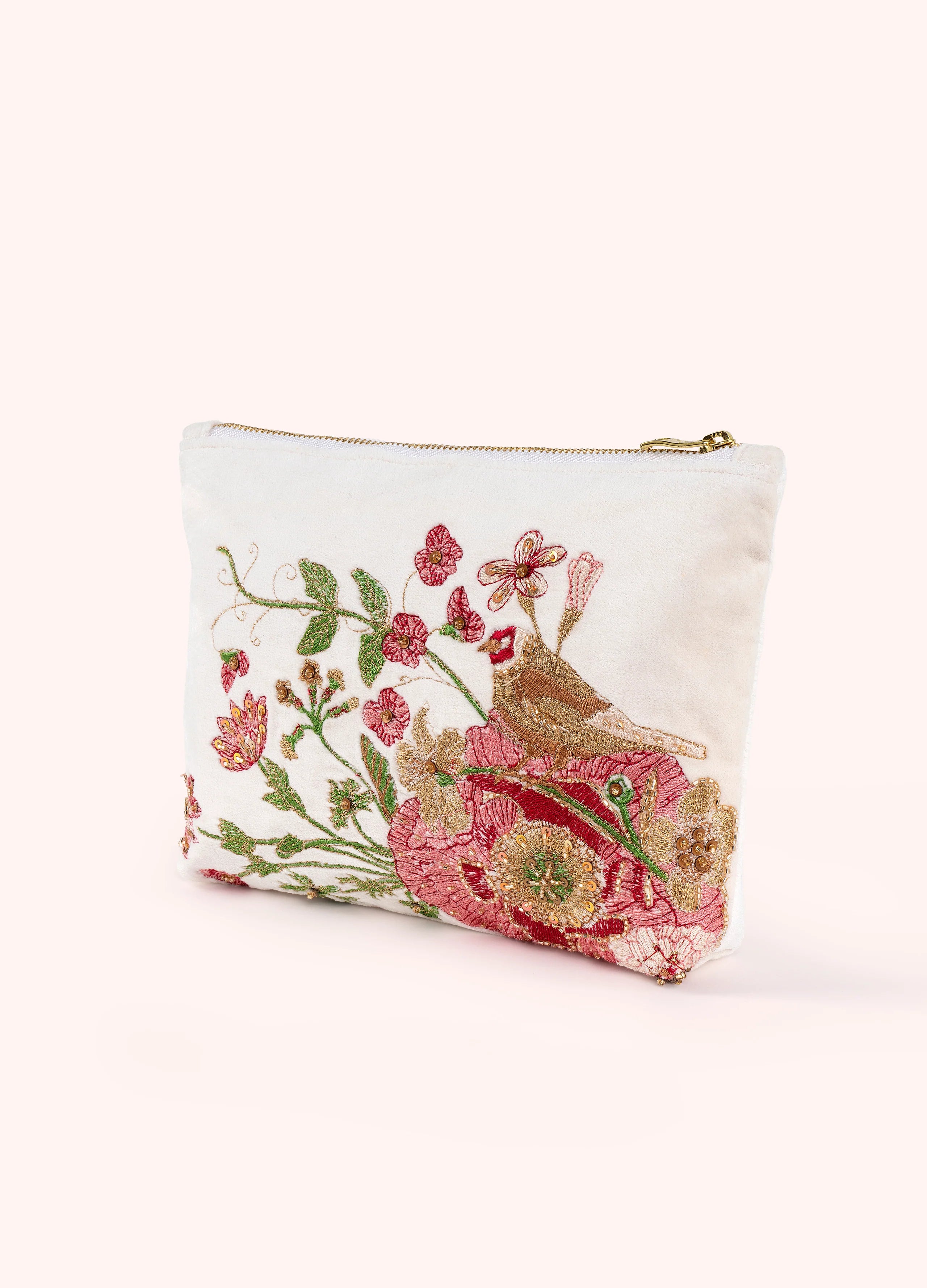 Powder Embroidered Zip Pouch , Fine Flowers in Cream