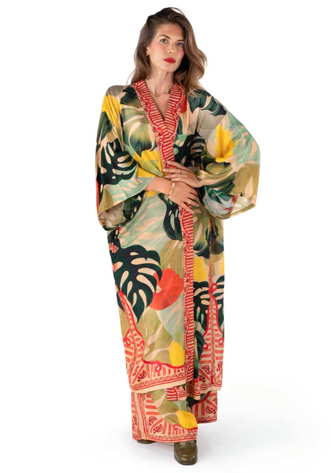 Powder Exotic Leaves Kimono Gown