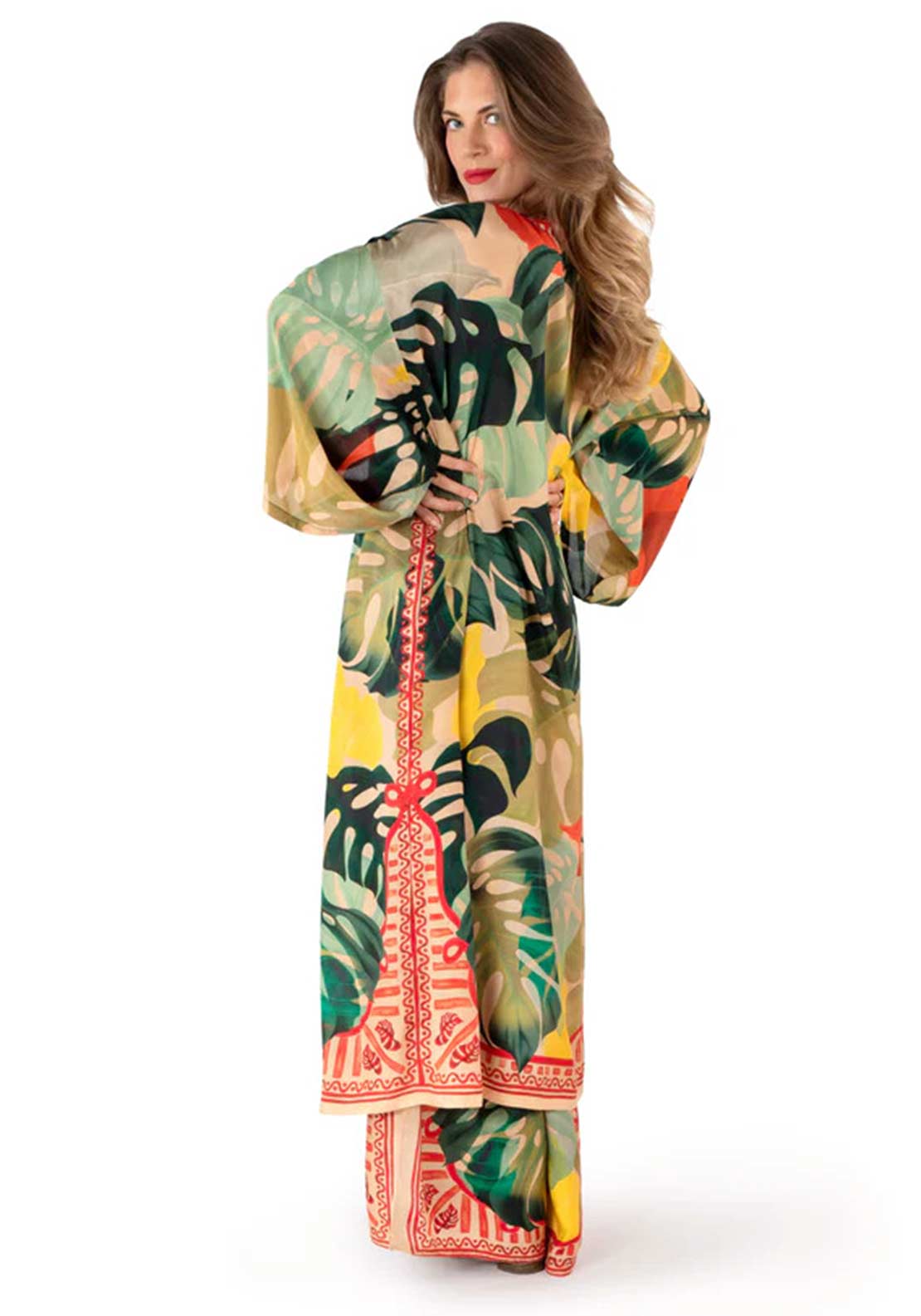Powder Exotic Leaves Kimono Gown