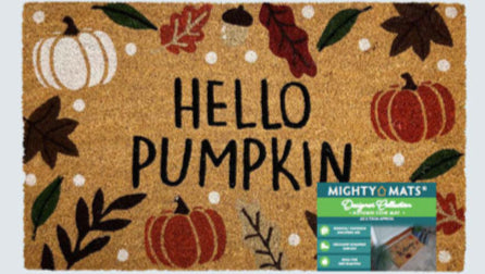 Black air filter and 'Hello Pumpkin' doormat with Mighty Mats branding.