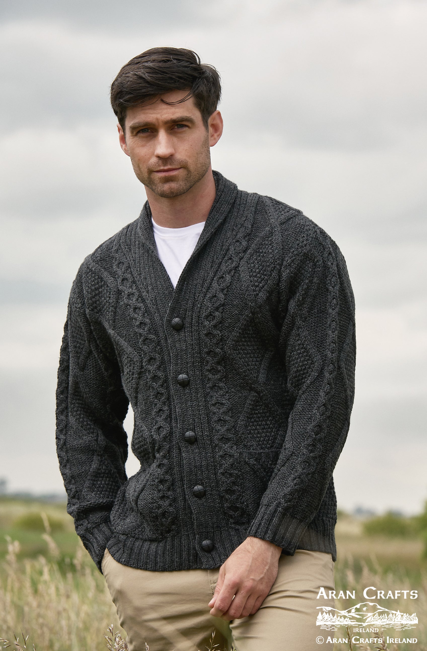 100% Merino Wool Shawl Collar Cardigan | Charcoal | SH4139