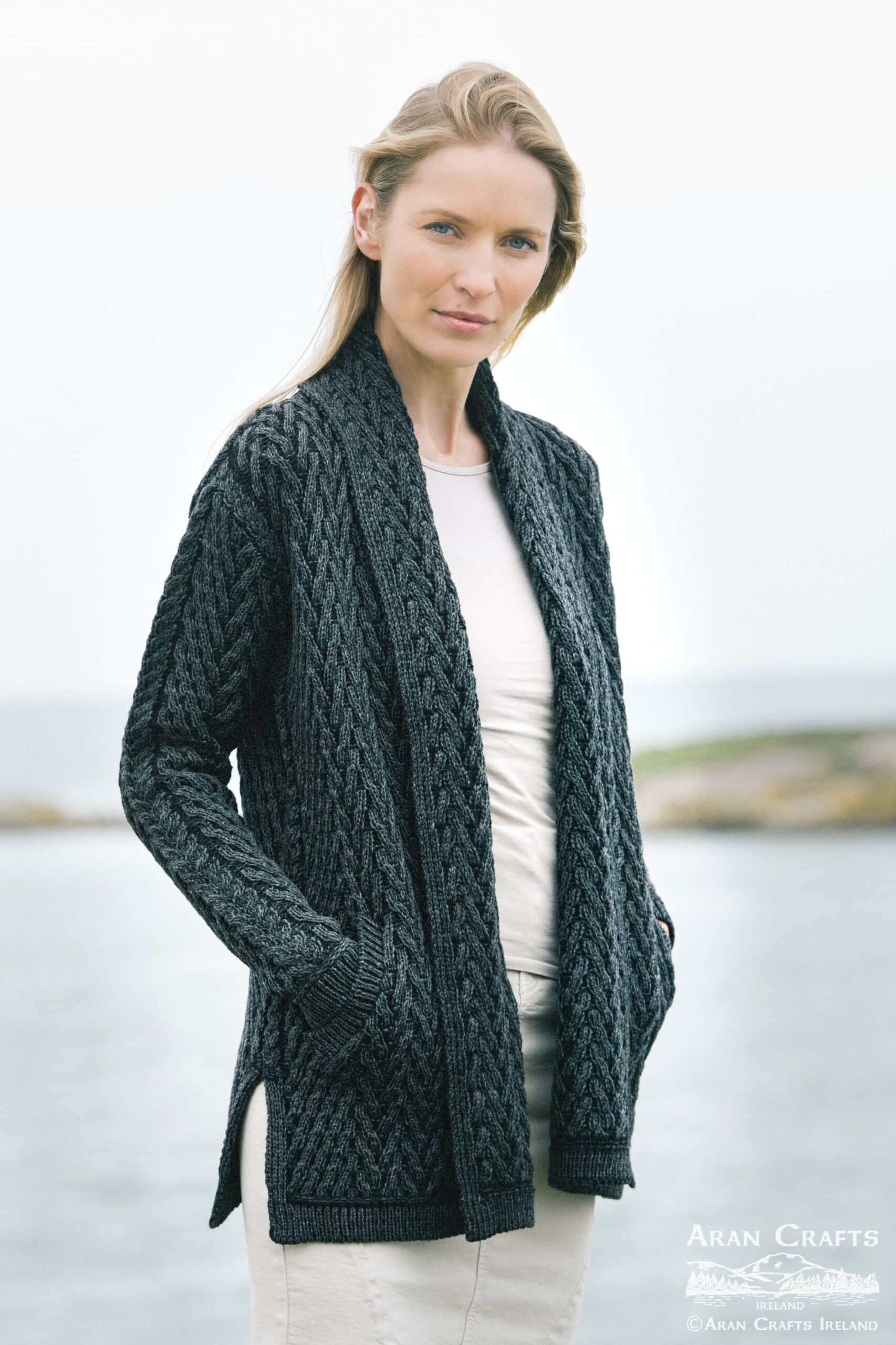 Herringbone Shawl Cardigan , Charcoal