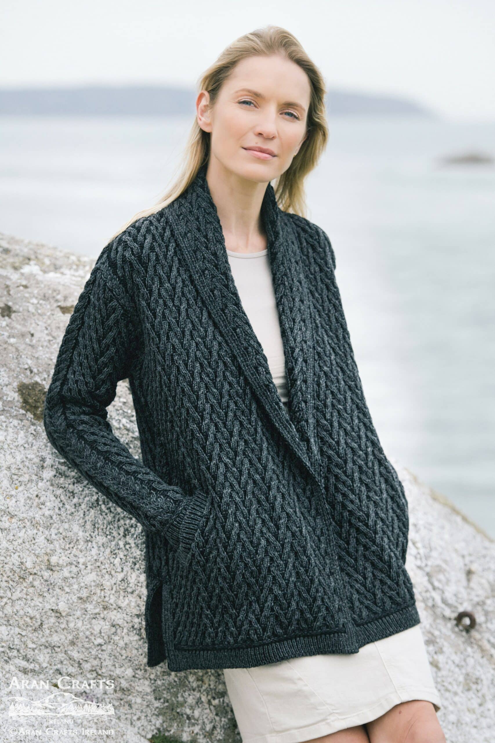 Herringbone Shawl Cardigan , Charcoal
