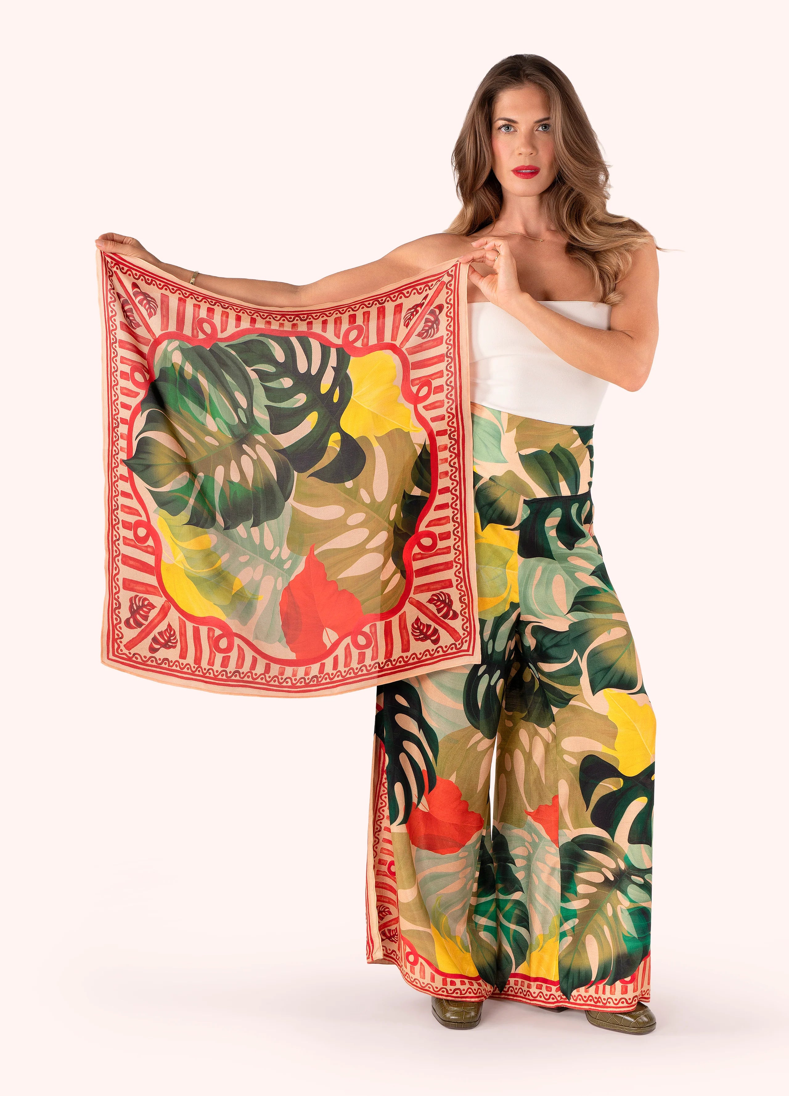 Powder Exotic Leaves Silk Square Scarf