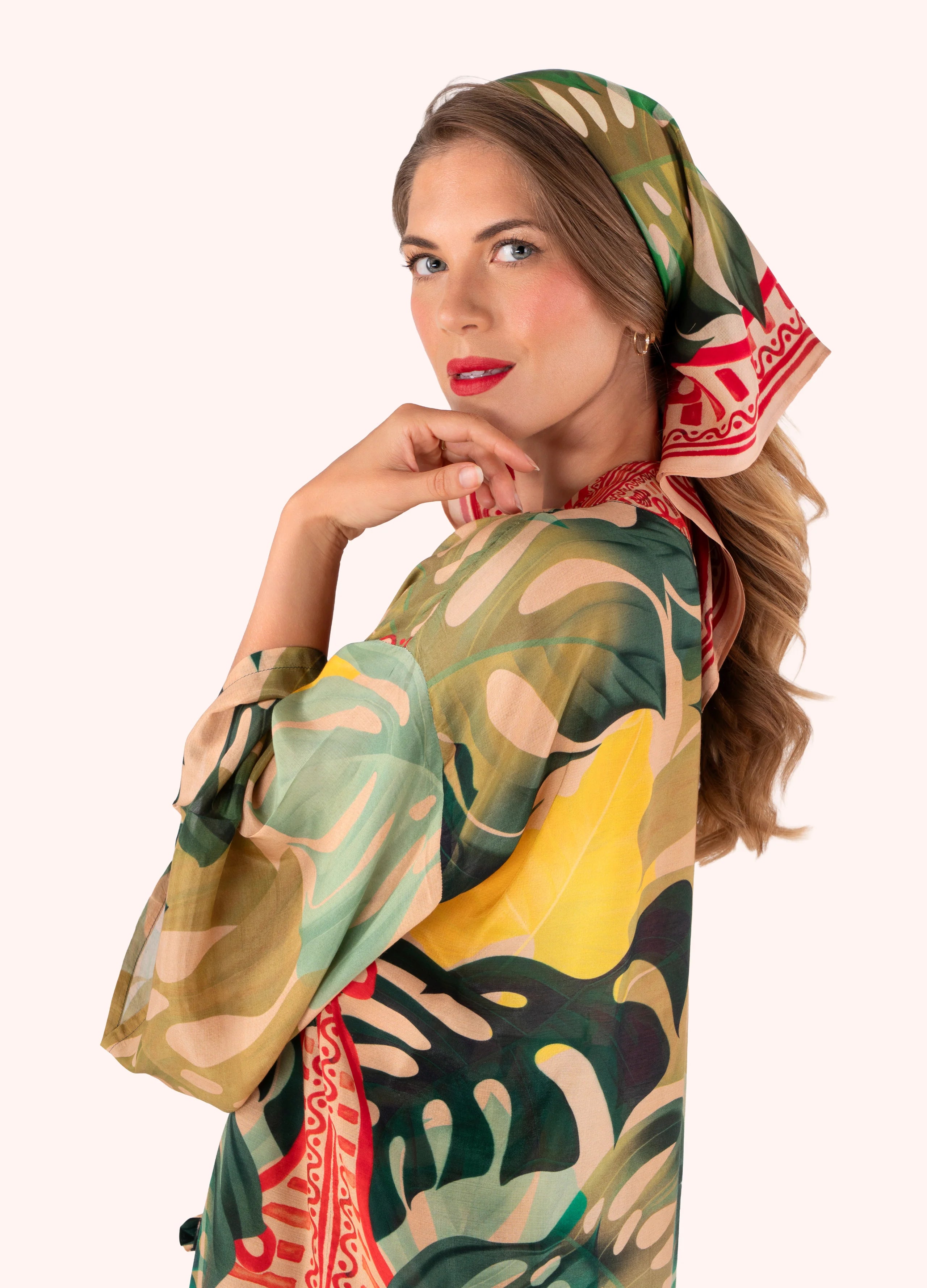 Powder Exotic Leaves Silk Square Scarf