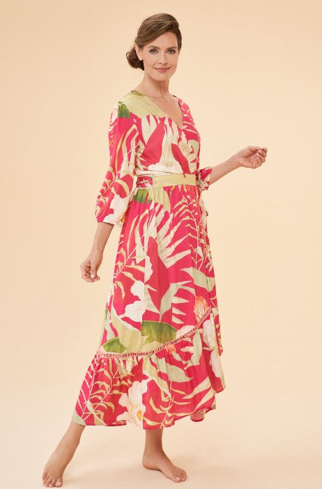 Powder Tropical Wrap Dress , Dark Rose