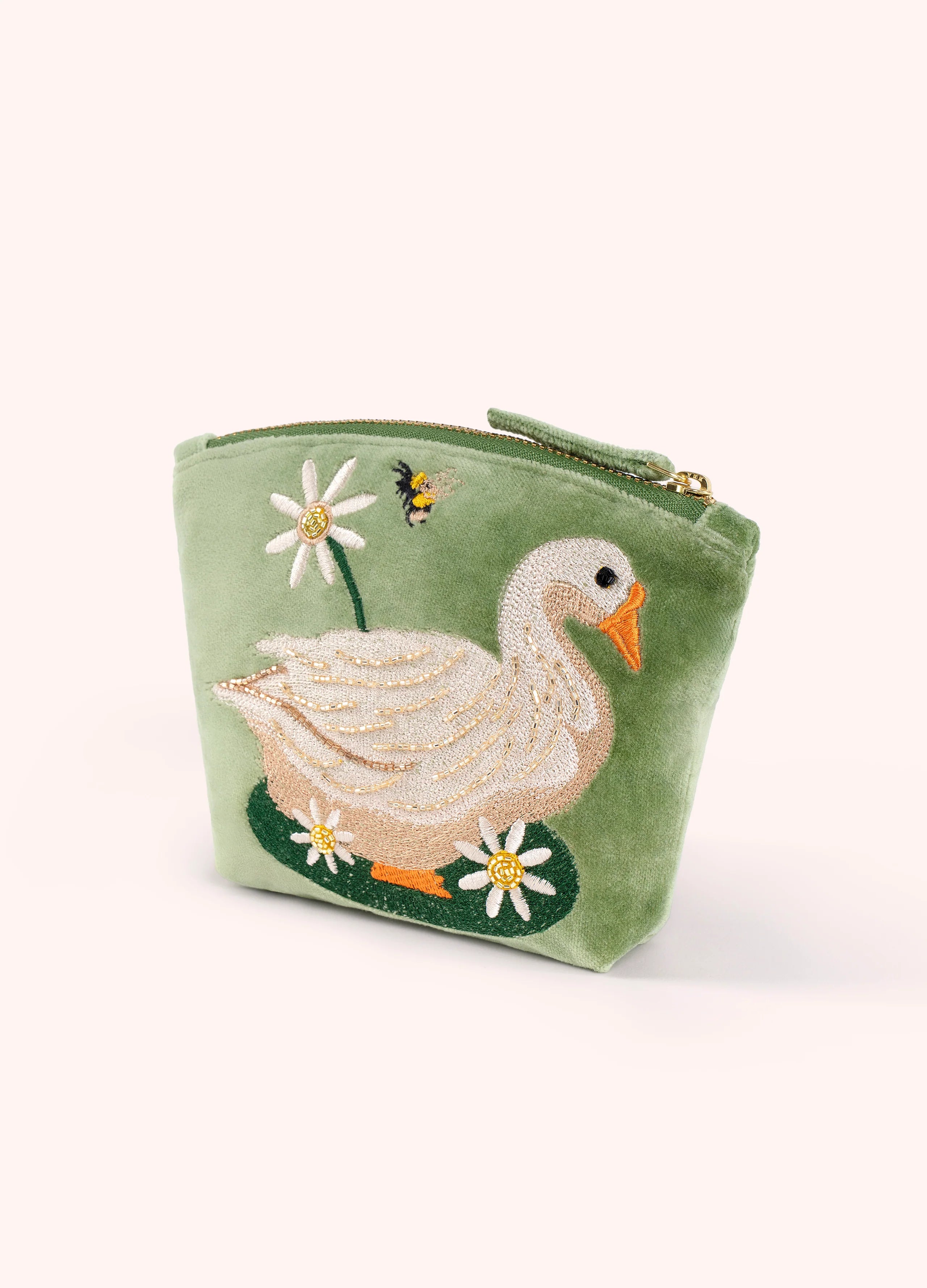 Powder Embroidered Velvet Mini Pouch, Garden Goose