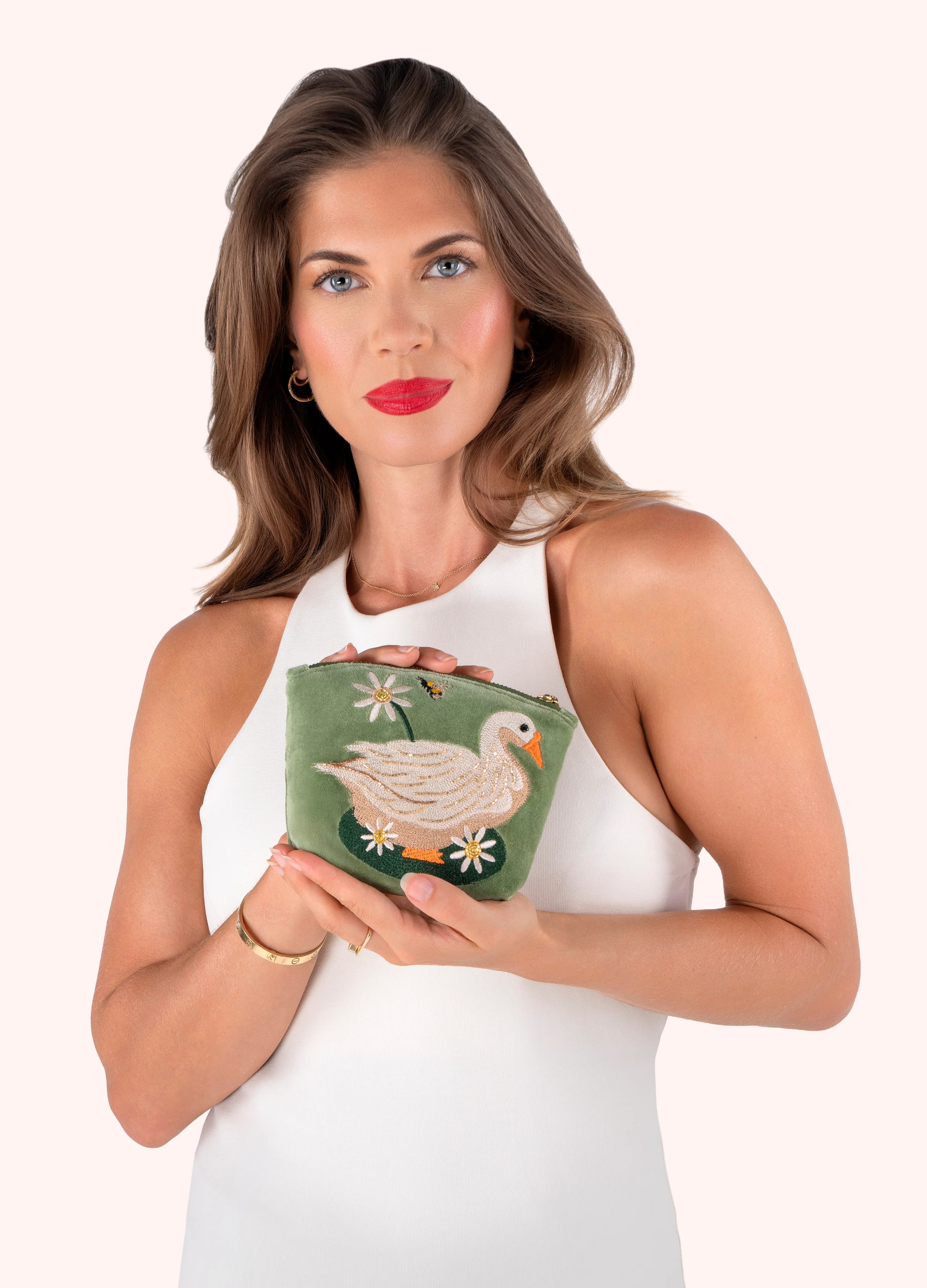 Powder Embroidered Velvet Mini Pouch, Garden Goose