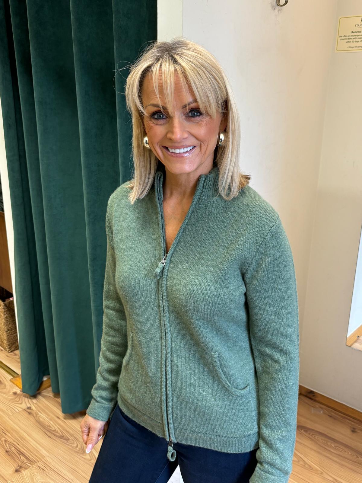 Cashmere Blend Zip Sweater , Forest Green