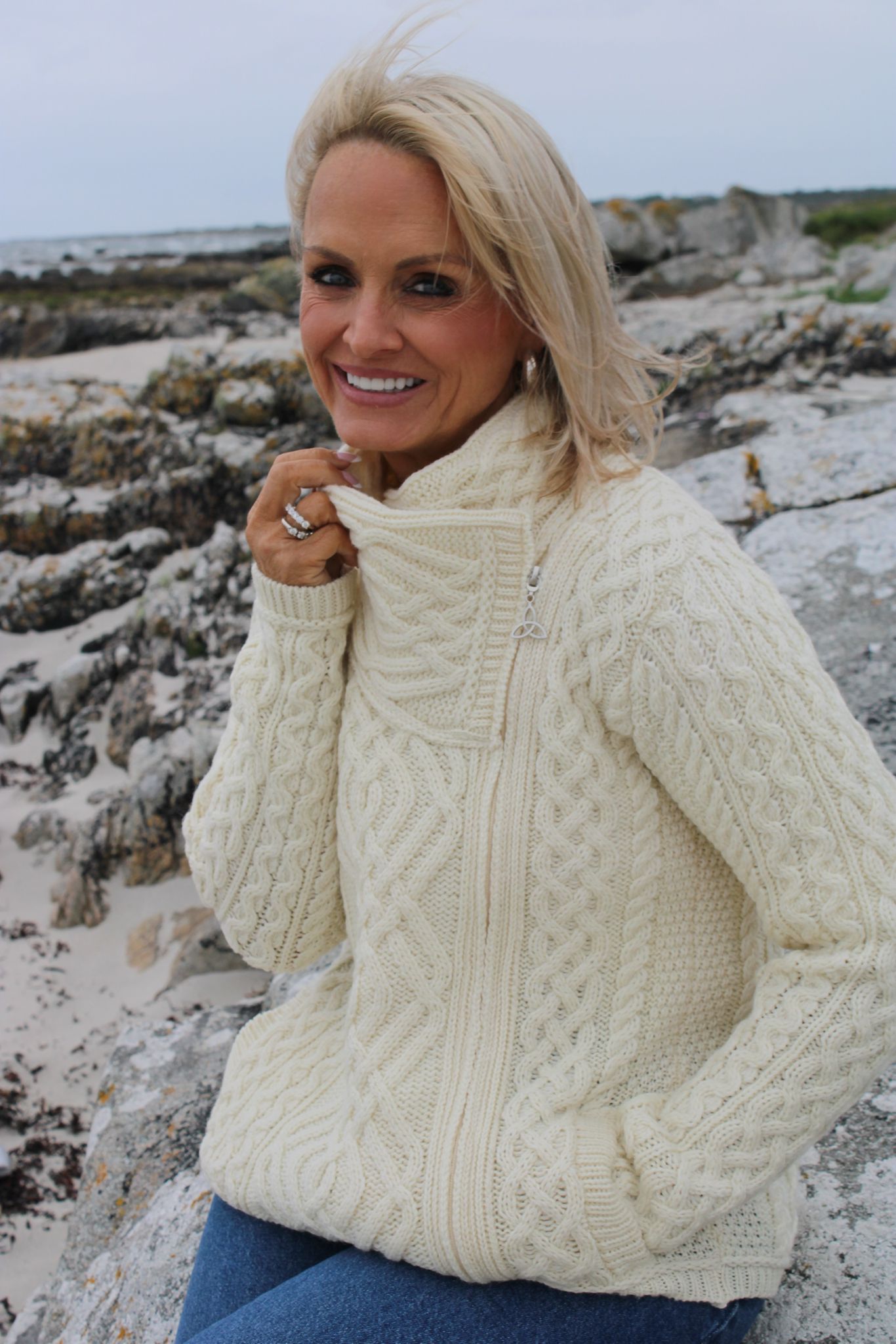 Aran Crafts Cable Knit Jacket With Side Zip Natural