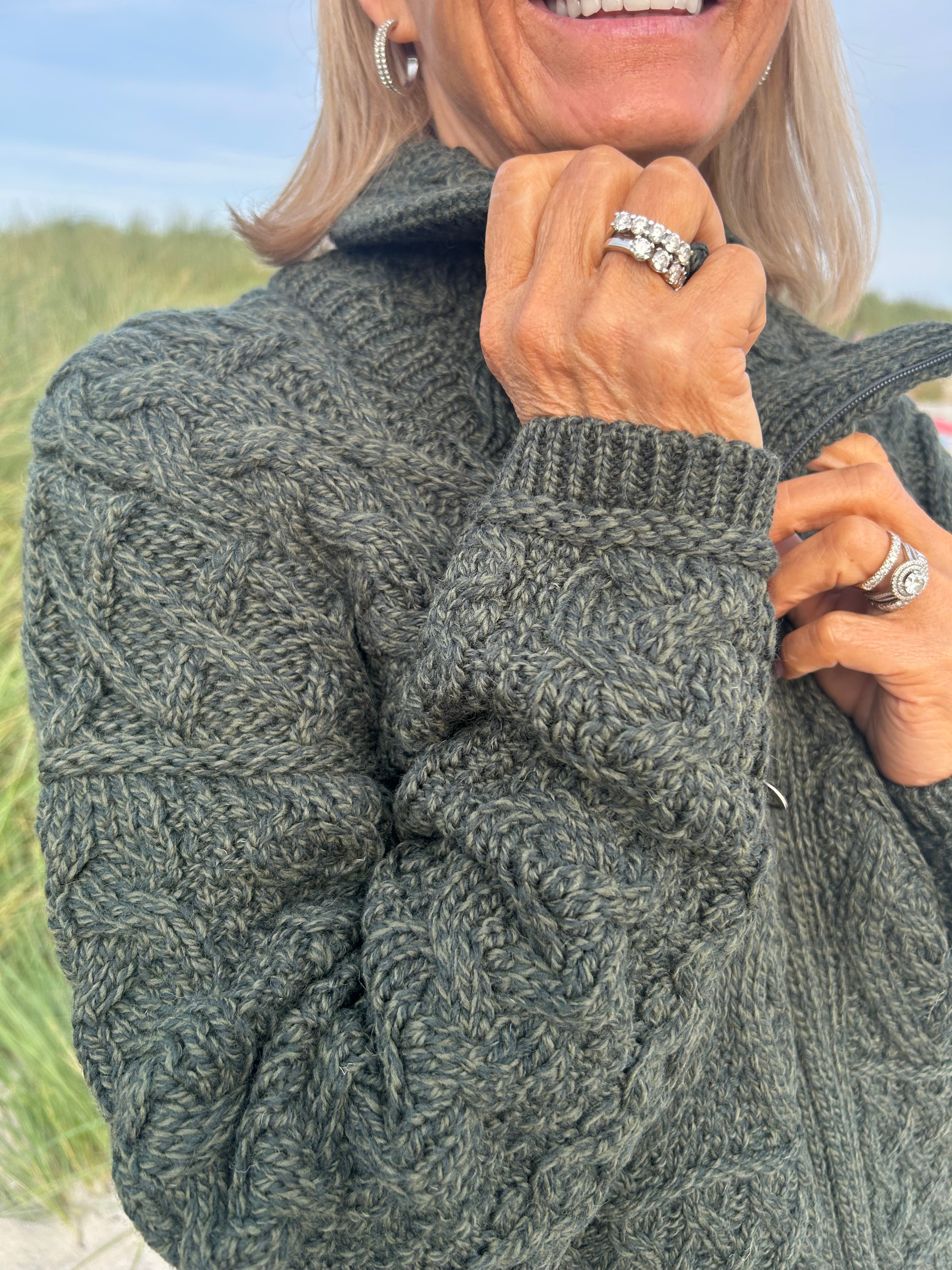 High Collar Coat with Pockets , Army Green