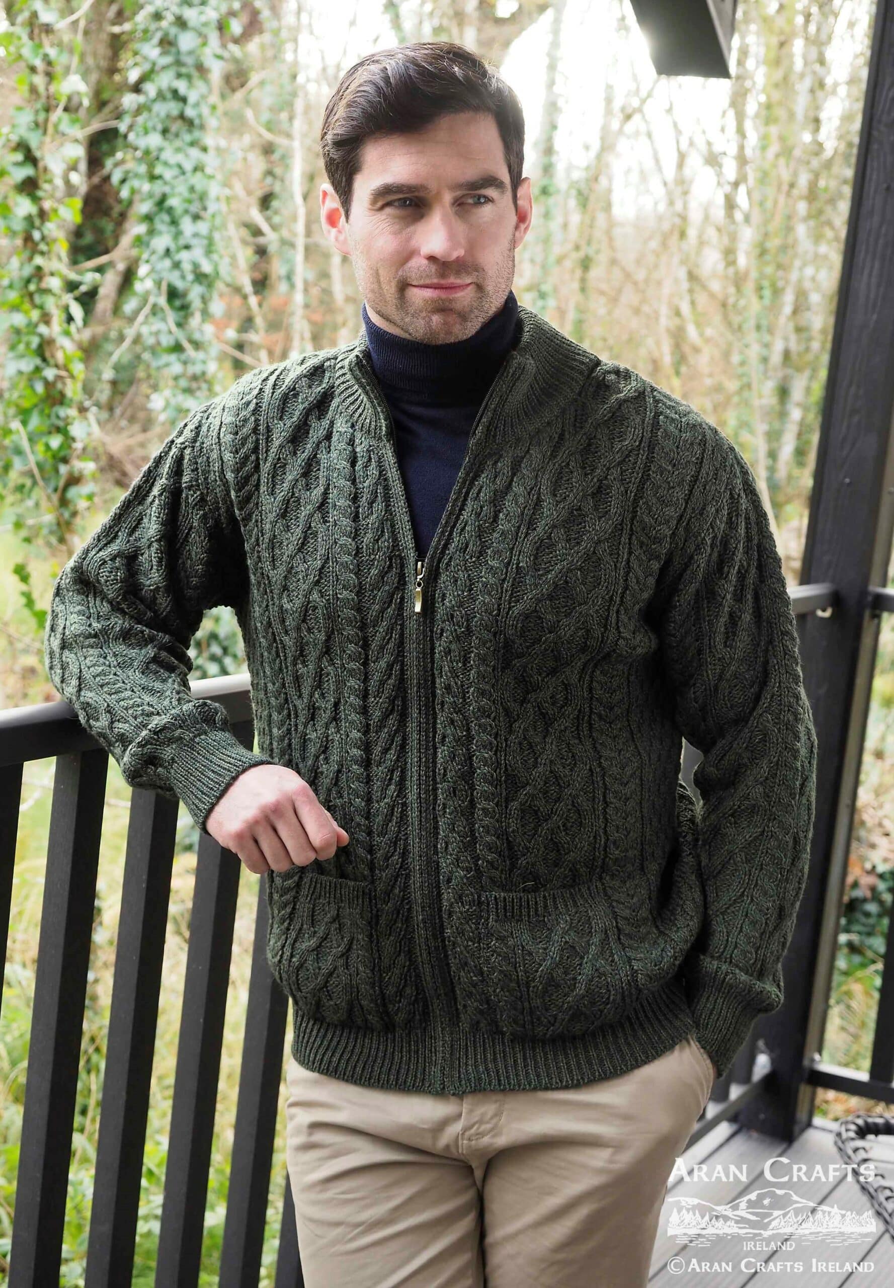 Mens Full Zip Cardigan , Army Green