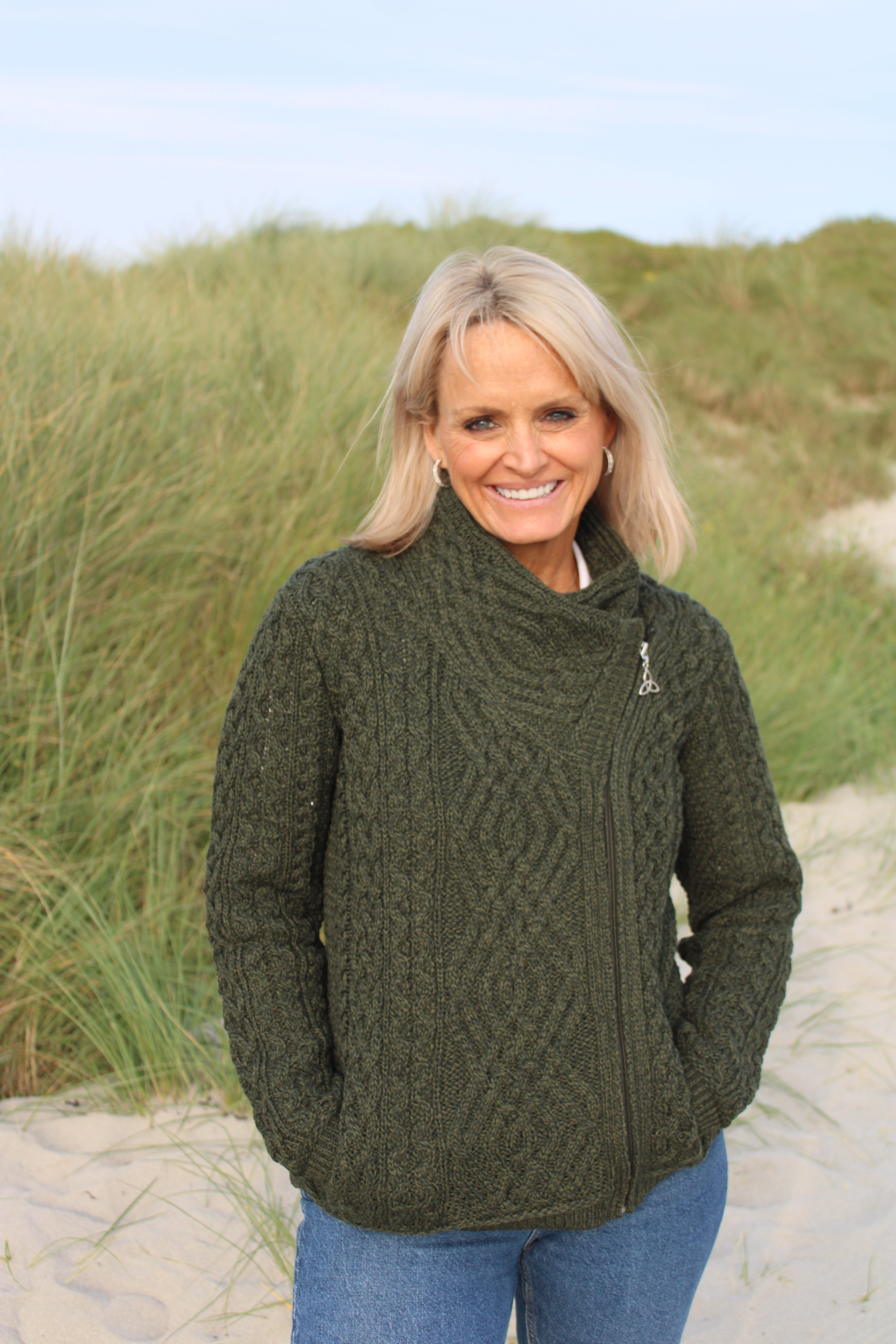 Cable Knit Cardigan With Side Zip , Army Green
