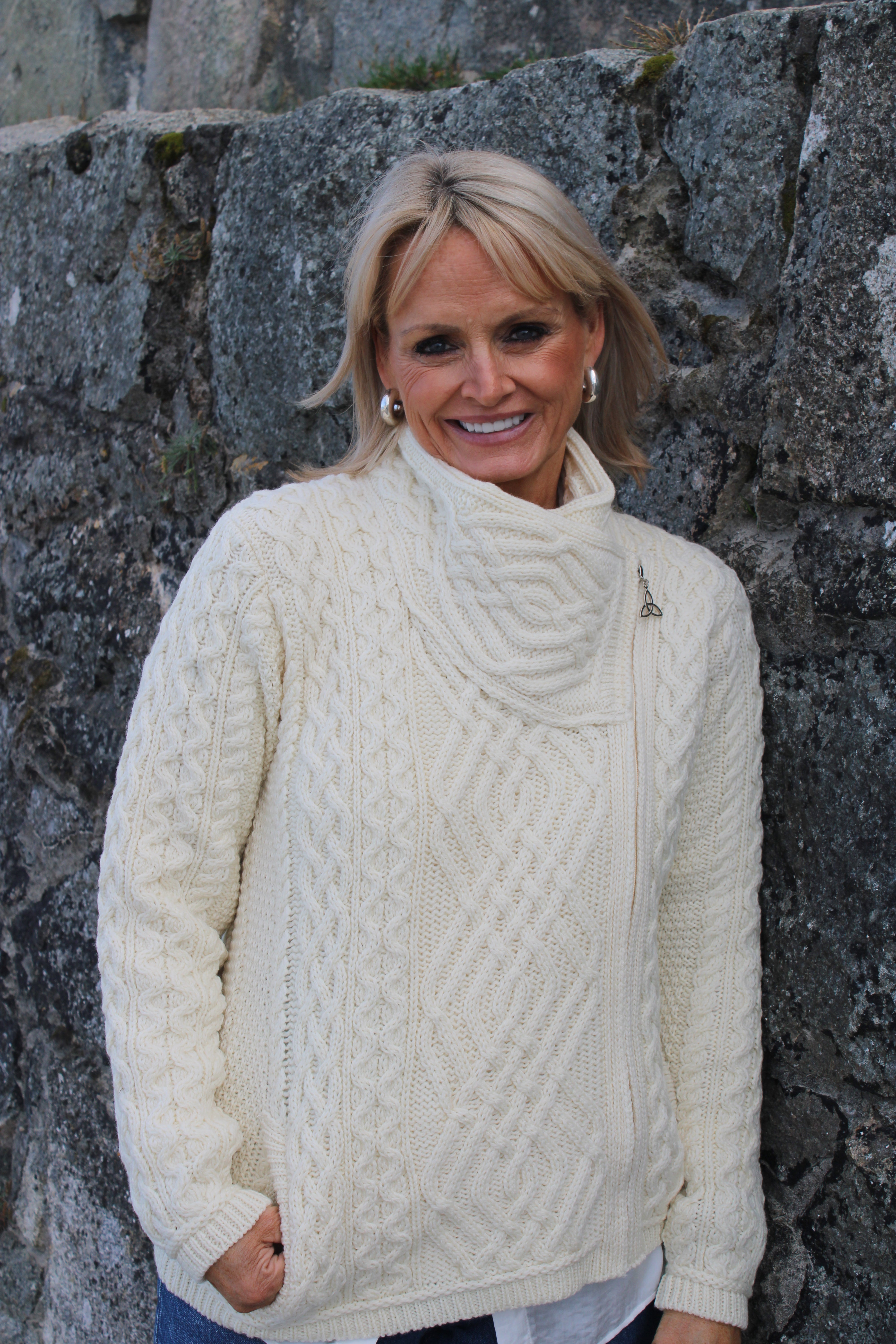 Cable Knit Jacket With Side Zip , Natural