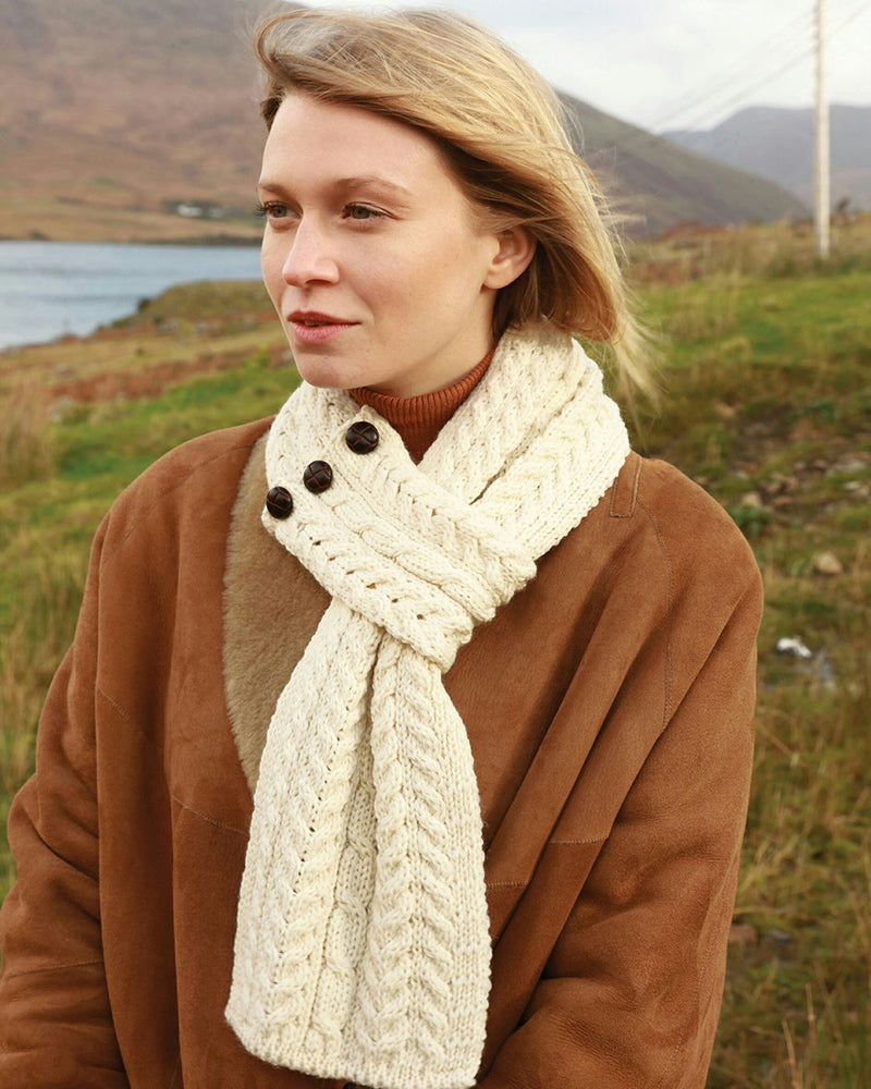 Aran Button Looped Scarf , Merino White