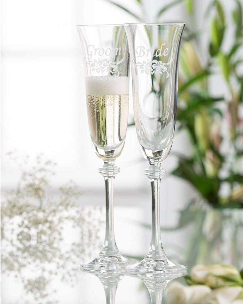 Galway Crystal | Floral Bride and Groom Champagne Flutes