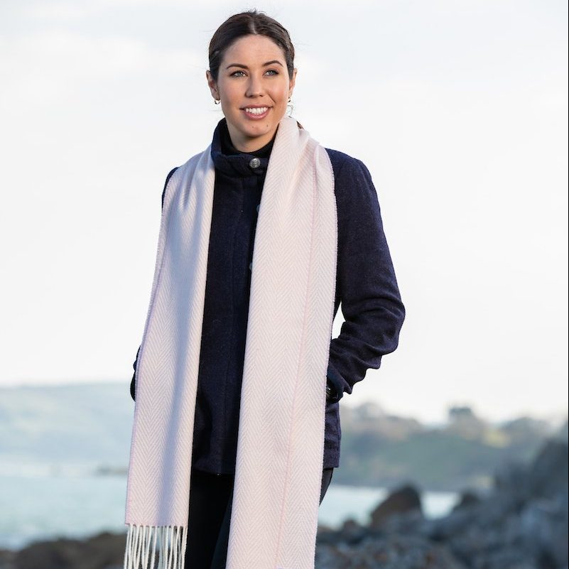 Foxford Pink And White Herringbone Cashmere Blend Scarf