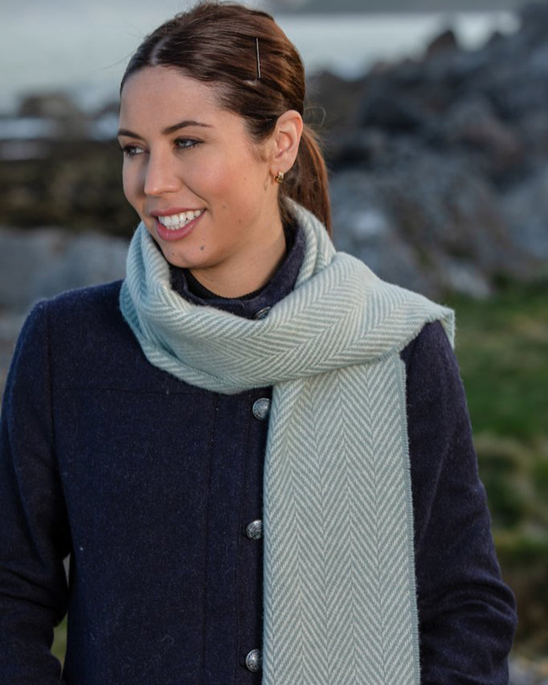 Foxford Woollen Mills | Herringbone Lambswool Scarf- Sage and White